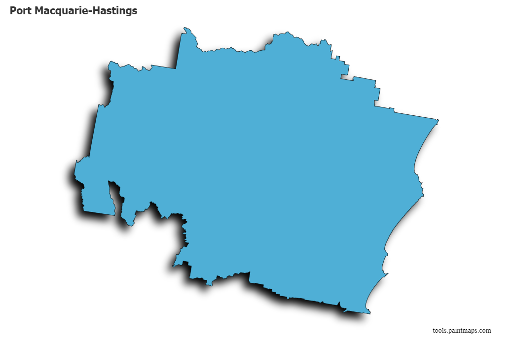 Mapa de Port Macquarie-Hastings con efecto de sombra 3D