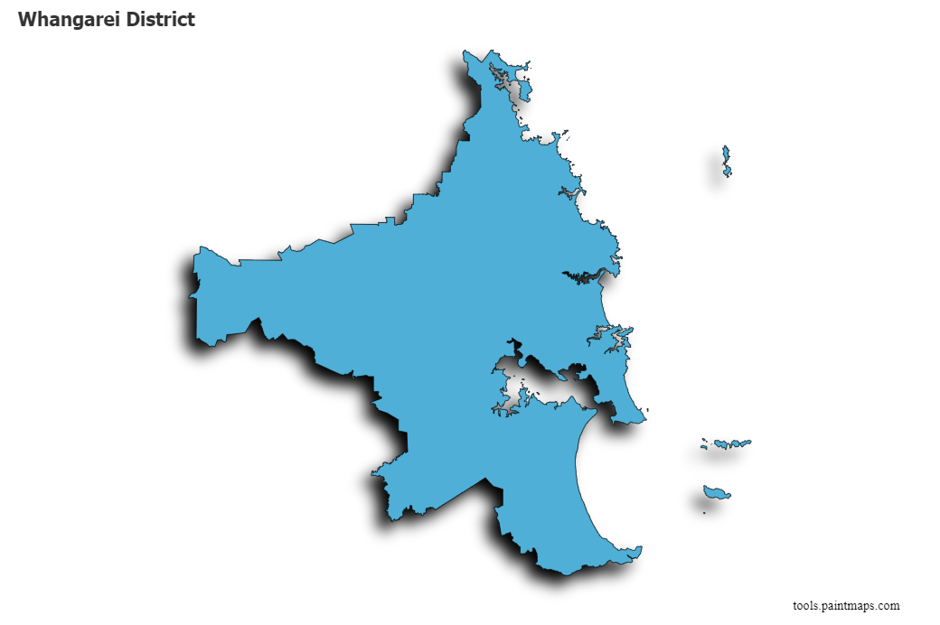 Mapa de Whangarei District con efecto de sombra 3D