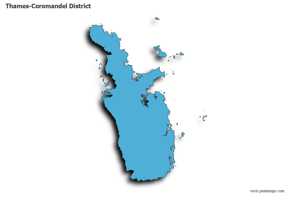 Mapa de Thames-Coromandel District con efecto de sombra 3D