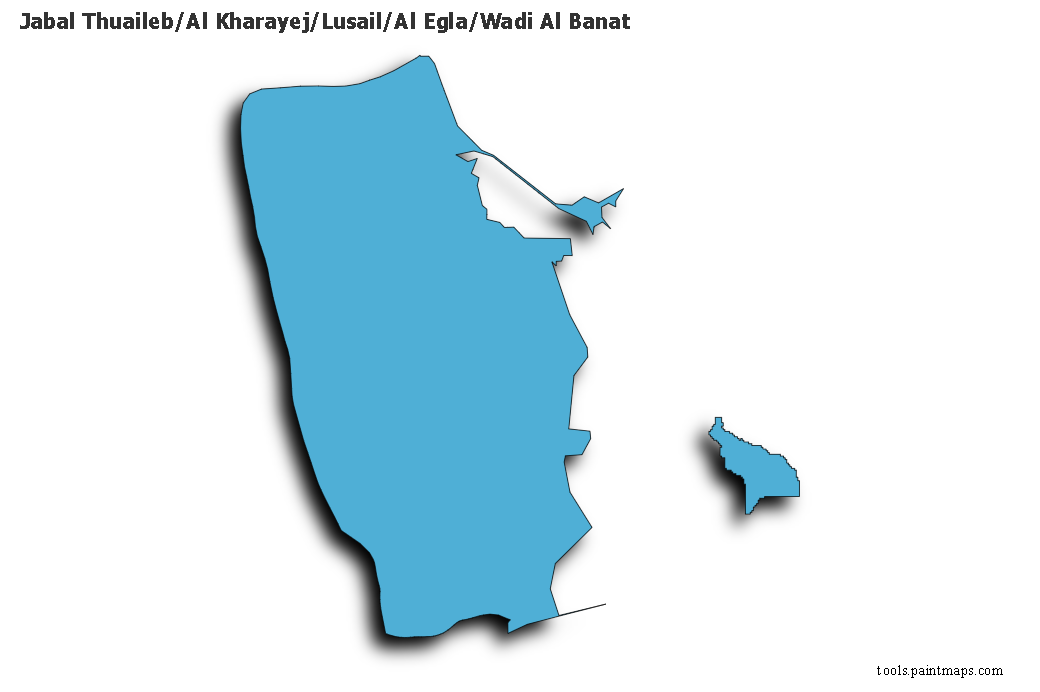 3D gölge efektli Jabal Thuaileb/Al Kharayej/Lusail/Al Egla/Wadi Al Banat haritası