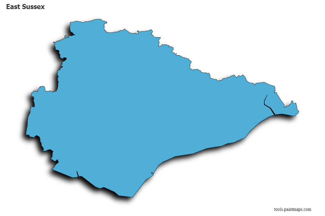 Mapa de East Sussex con efecto de sombra 3D