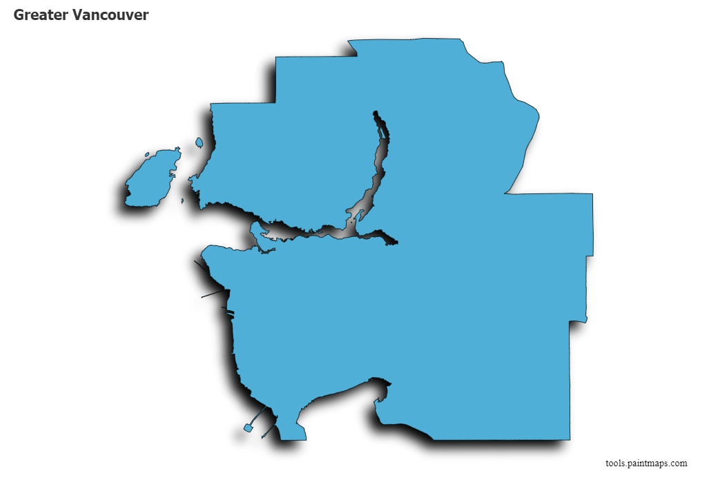 Mapa de Greater Vancouver con efecto de sombra 3D