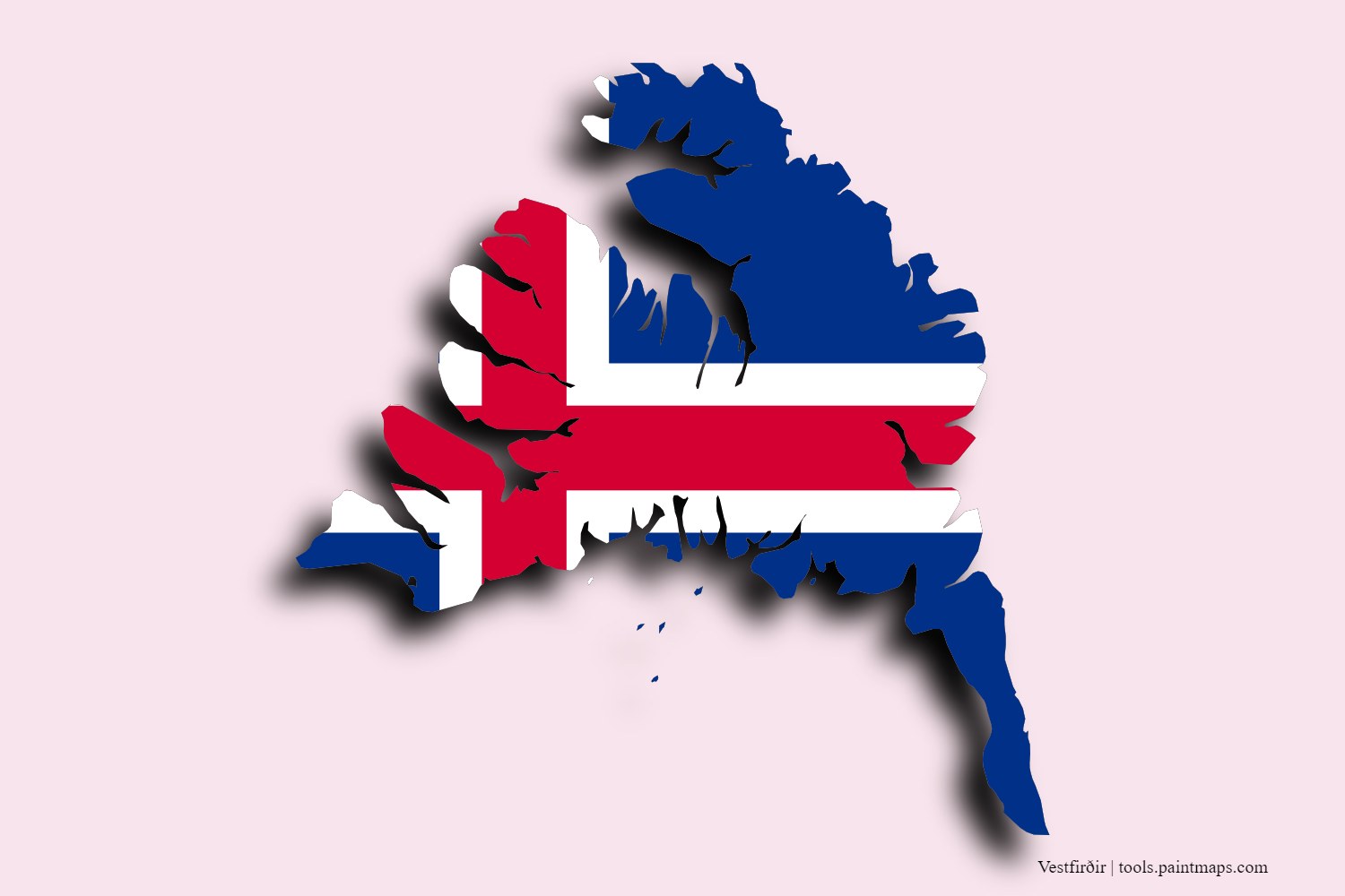 flag map of Westfjords with 3D shadow effect