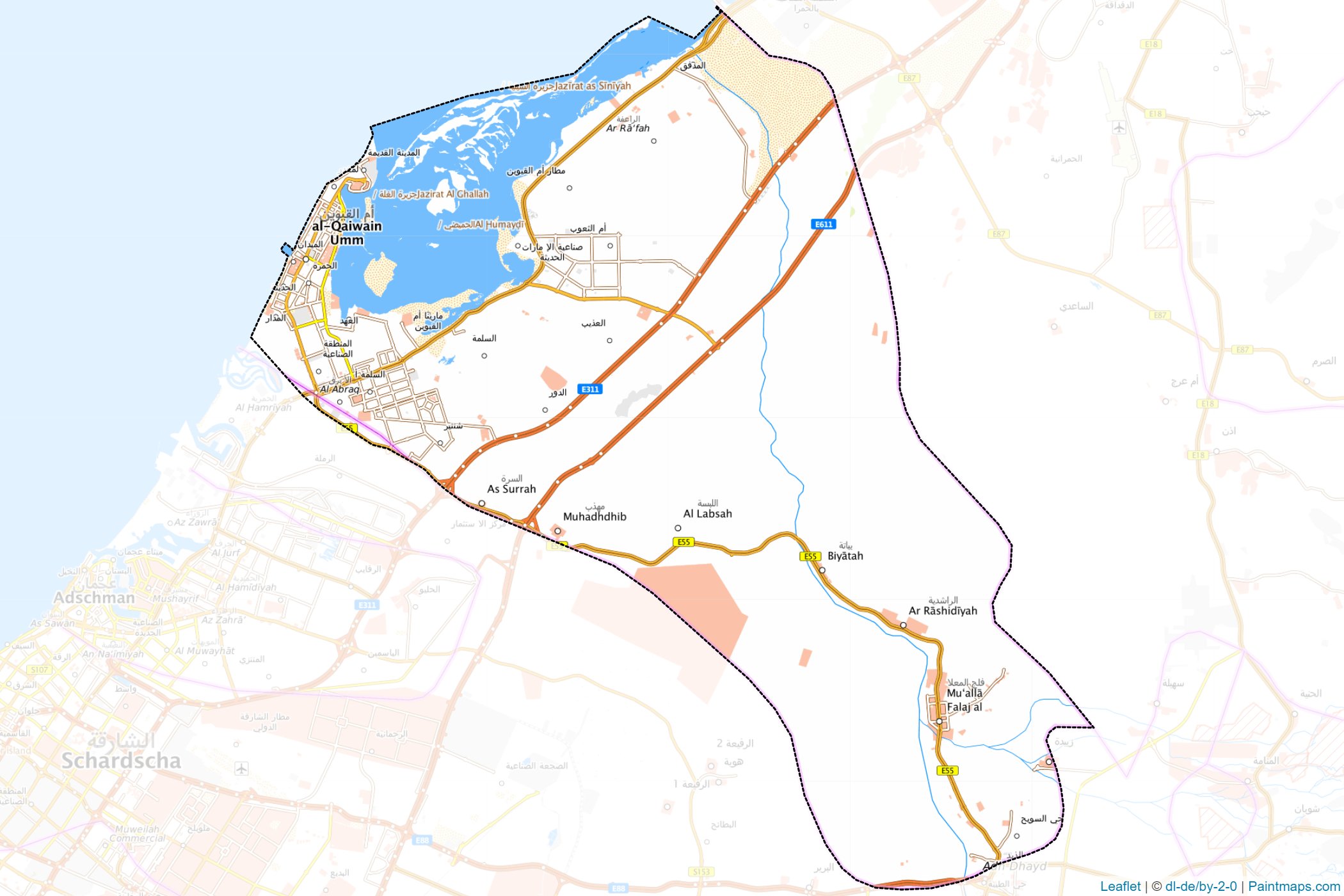 Sample maps of Umm Al Quwain generated with map cropping (masking) tool.