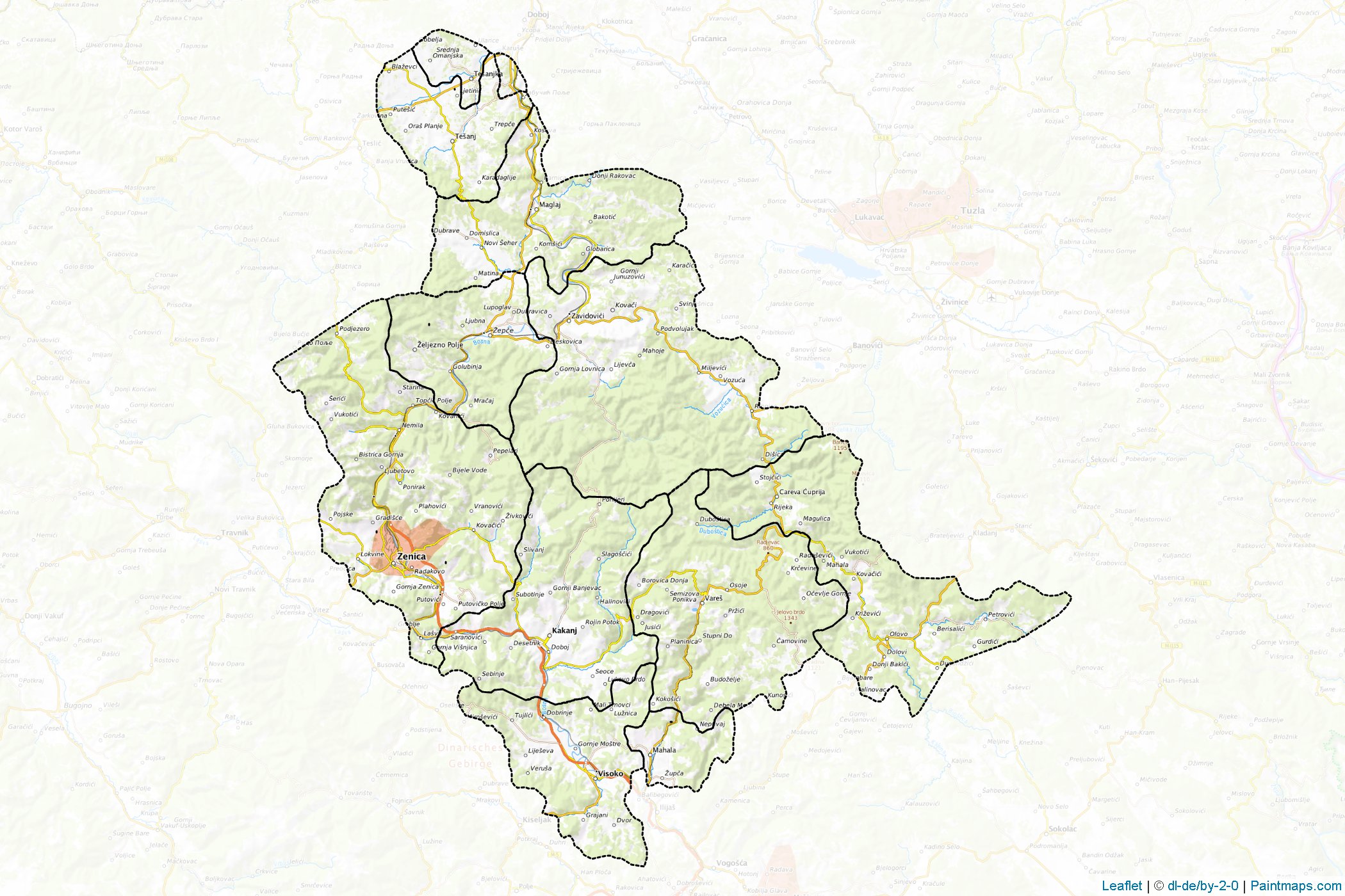 Muestras de recorte de mapas Zenica-Doboj (Bosnia y Herzegovina)-1