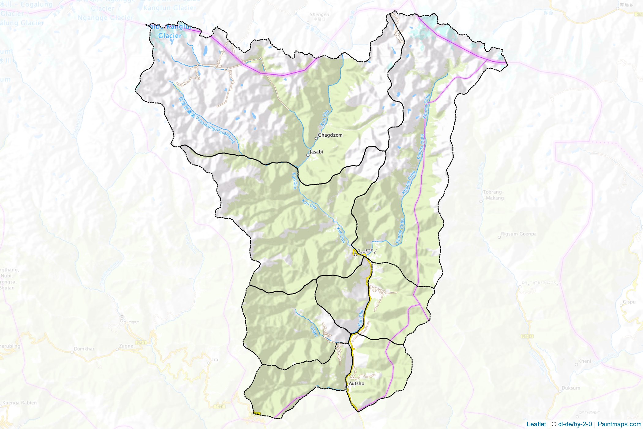 Muestras de recorte de mapas Lhuntshi (Bhután)-1