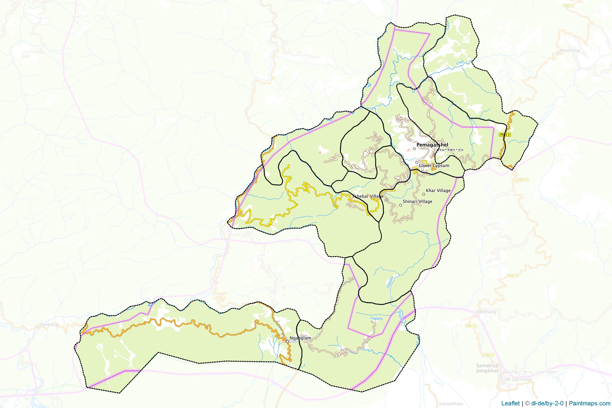 Muestras de recorte de mapas Pemagatshel (Bhután)-1