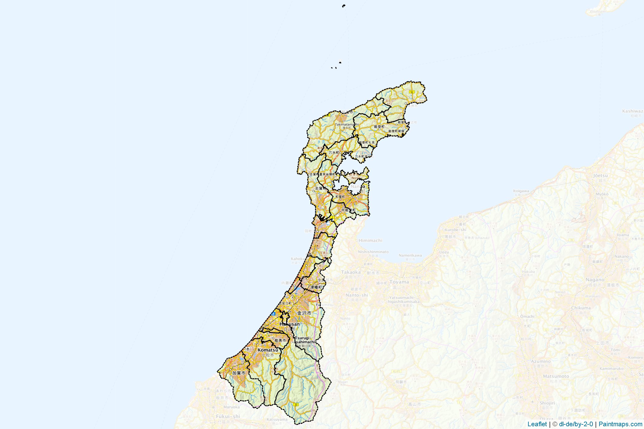 Sample maps of Ishikawa Prefecture generated with map cropping (masking ...