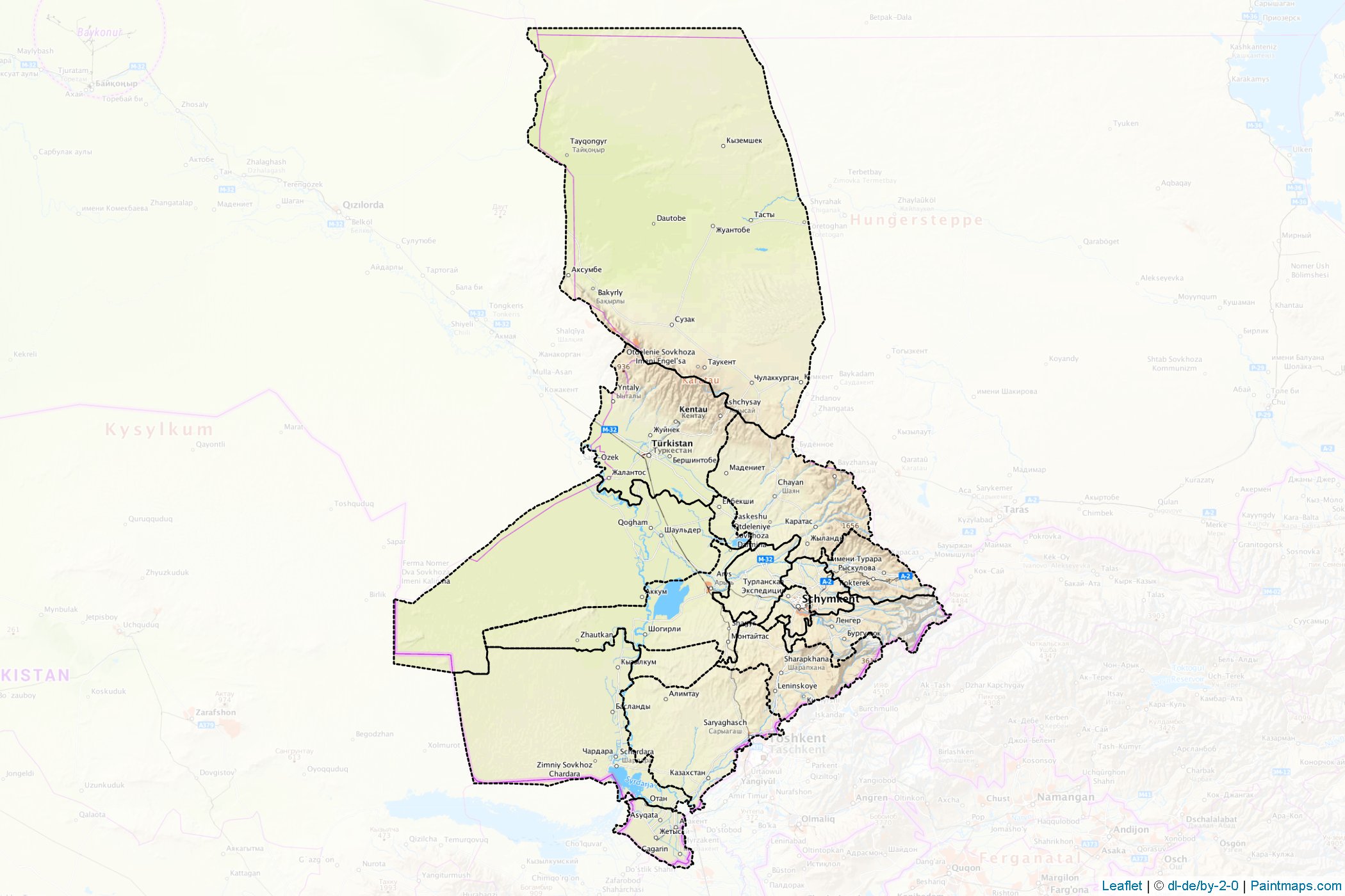 Muestras de recorte de mapas South Kazakhstan (Kazakhstan)-1