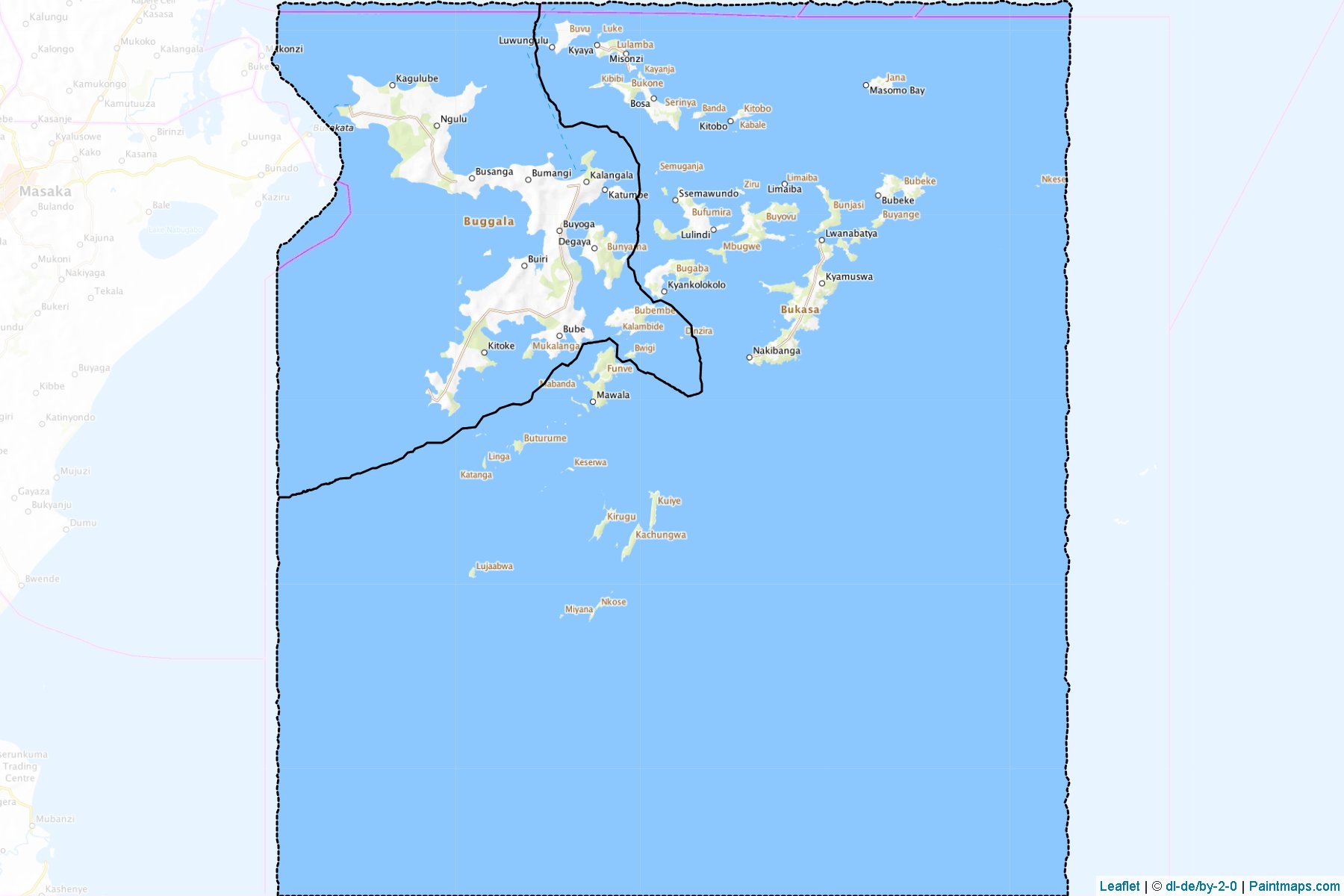 Sample maps of Kalangala generated with map cropping (masking) tool.