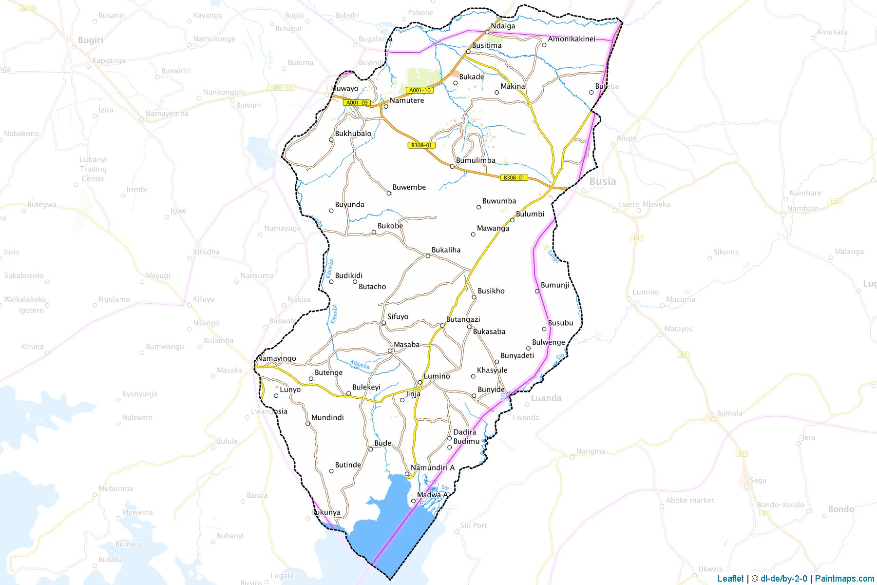 Mapas de muestra de Busia generados con la herramienta de recorte de mapas.