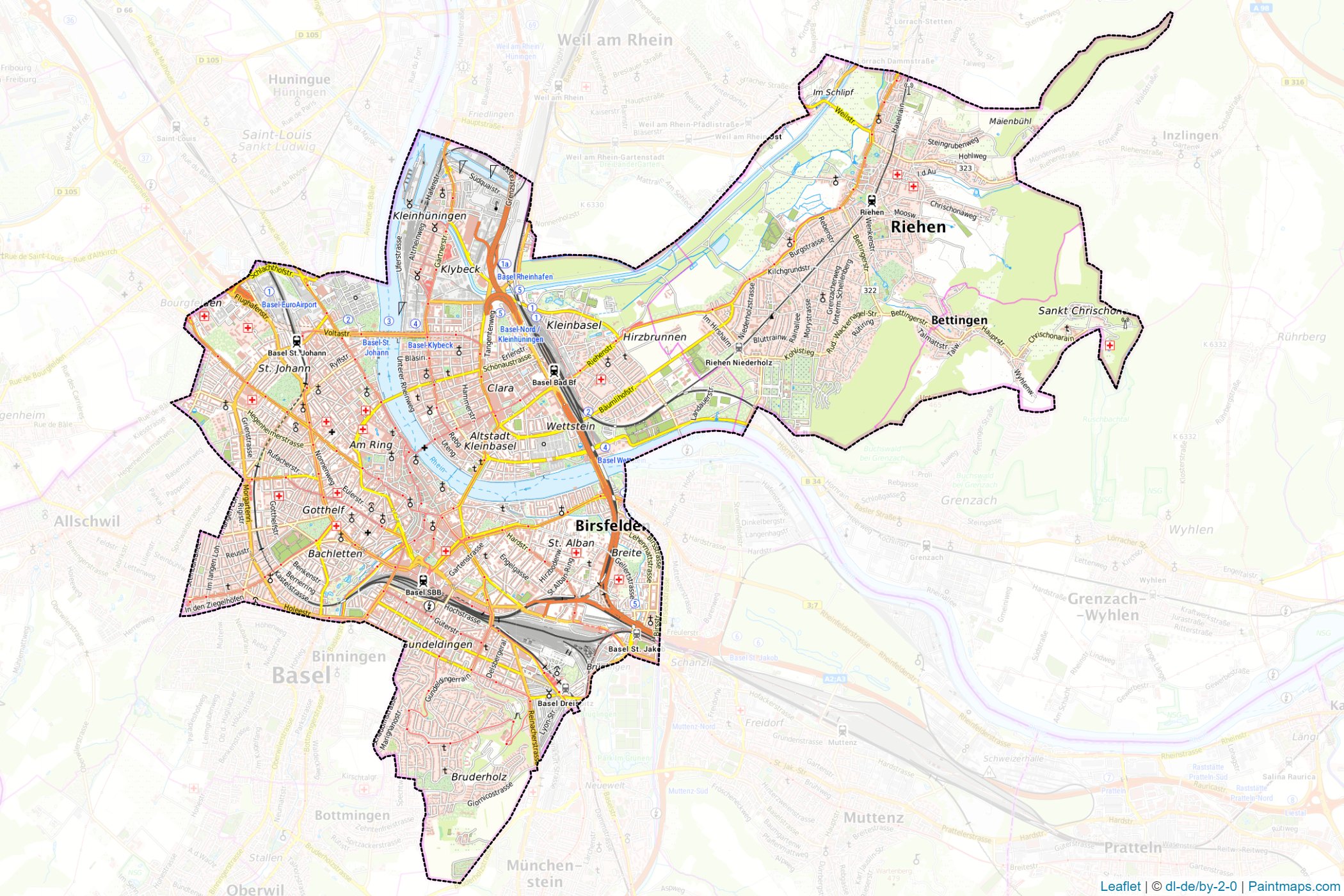 Sample maps of Basel-City generated with map cropping (masking) tool.