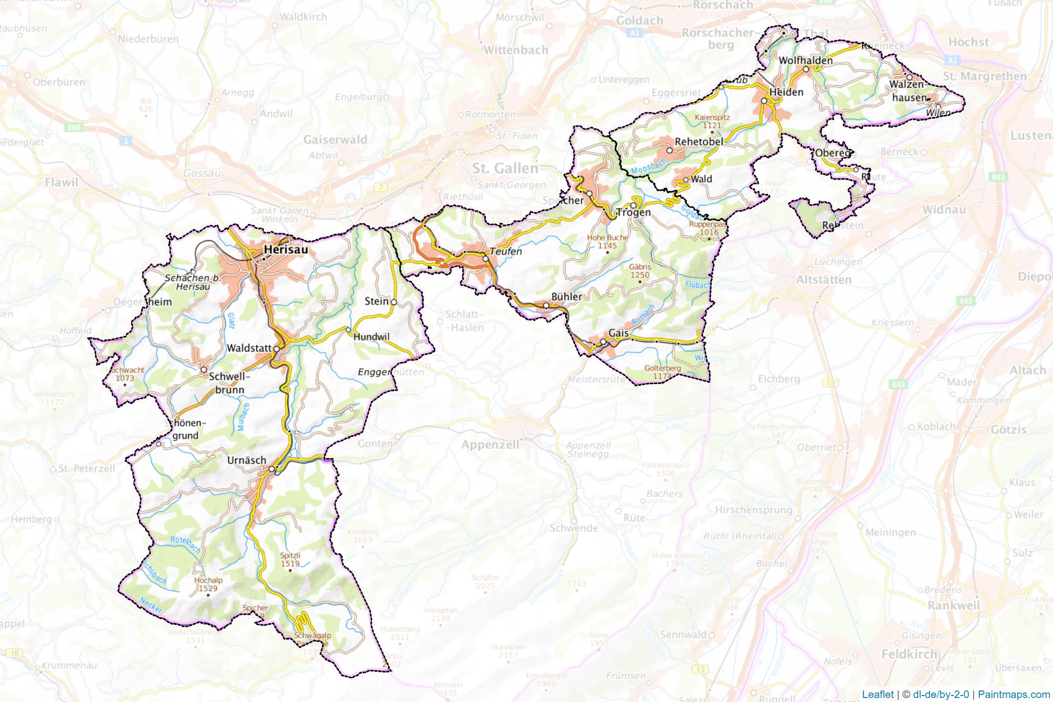 Muestras de recorte de mapas Appenzell Ausserrhoden (Suiza)-1