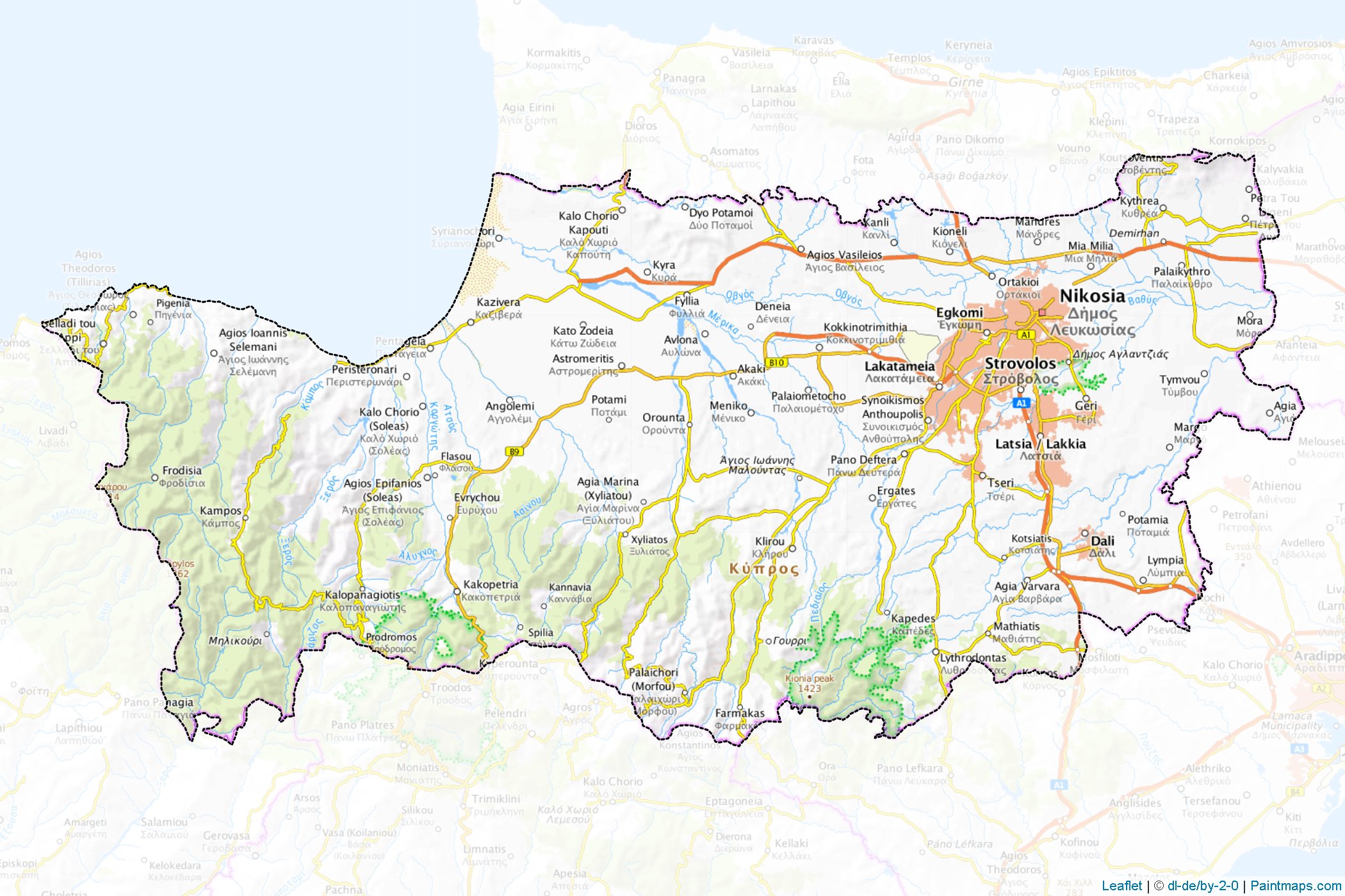 Sample maps of Nicosia generated with map cropping (masking) tool.