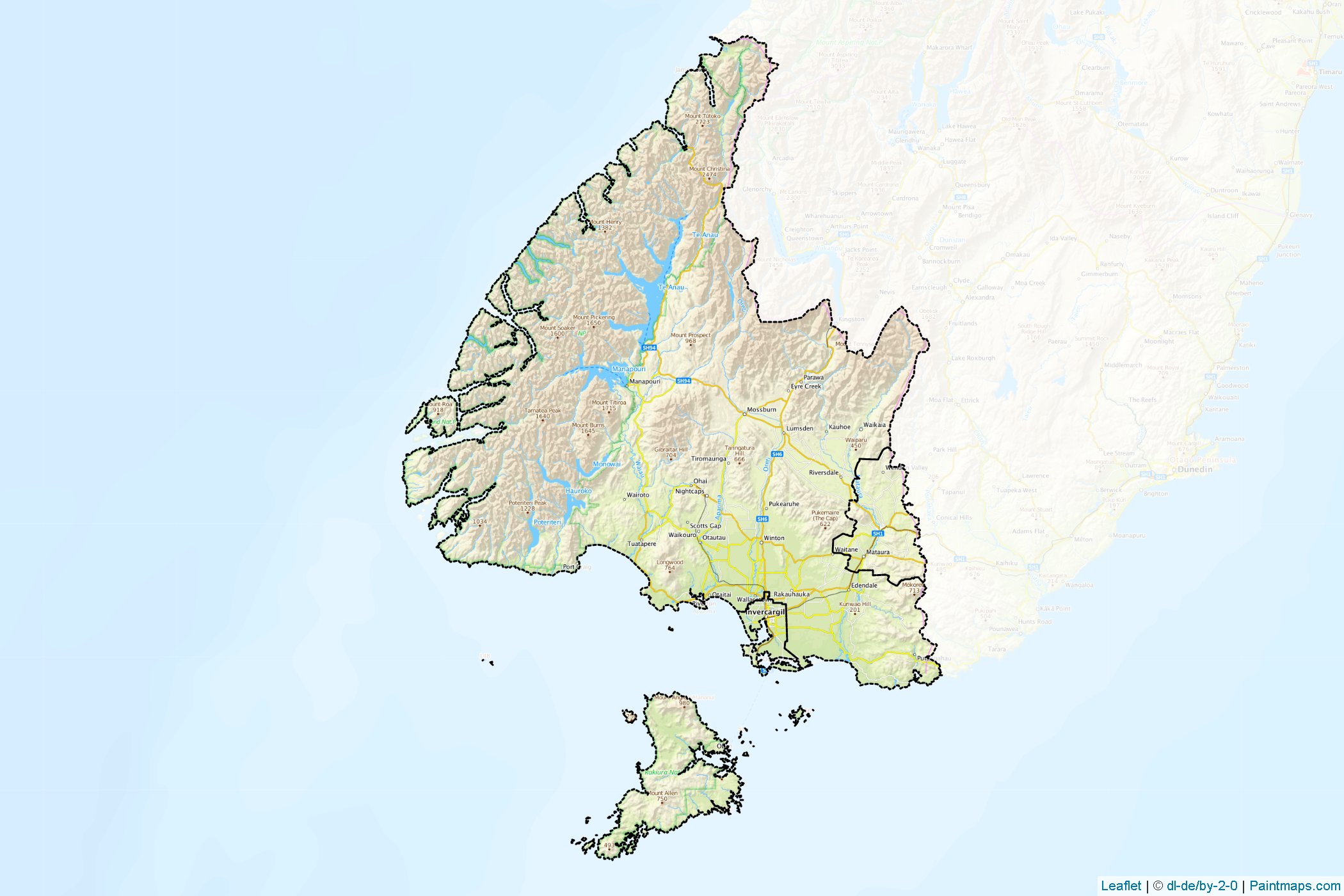 Sample maps of Southland Region generated with map cropping (masking) tool.