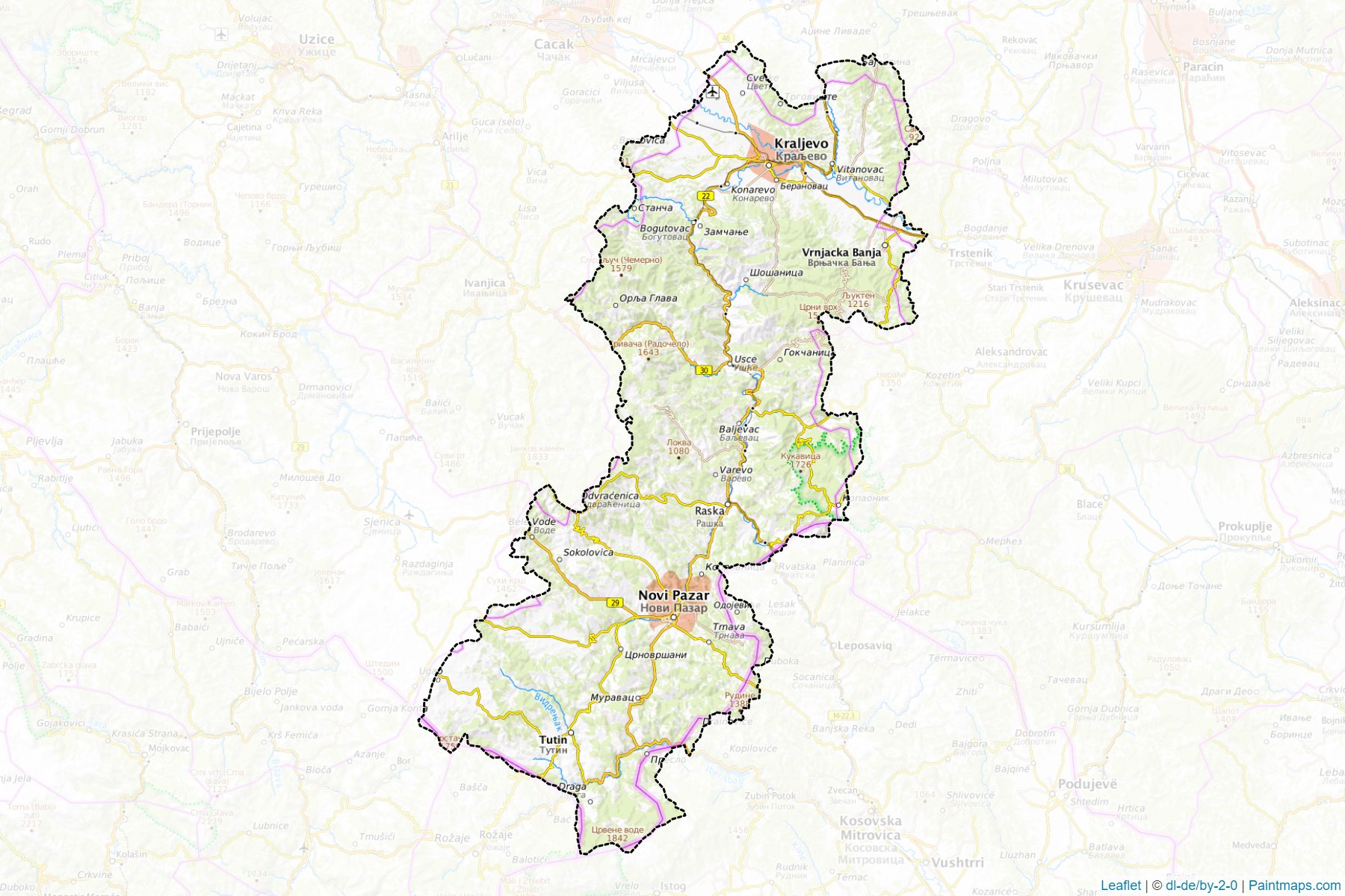 Muestras de recorte de mapas Raški upravni okrug (Central Serbia)-1