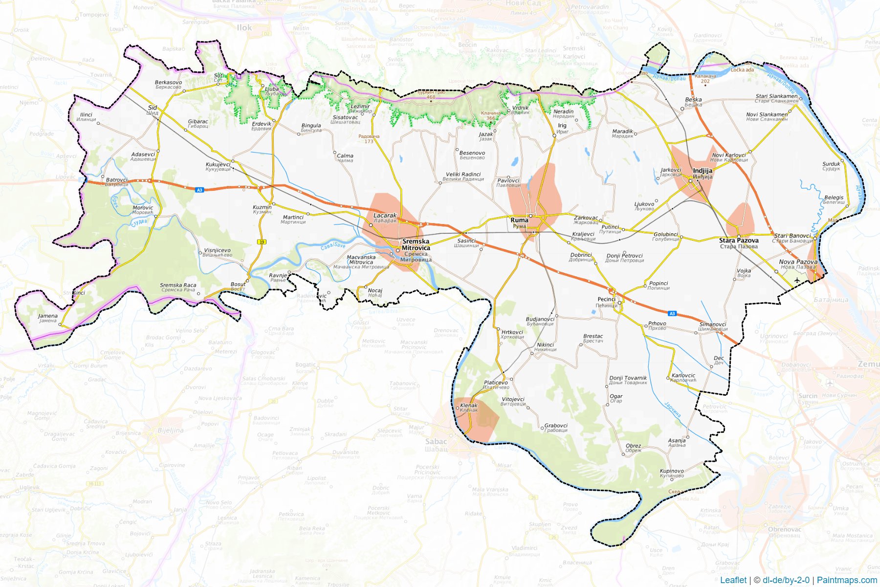 Muestras de recorte de mapas Sremski upravni okrug (Vojvodina)-1