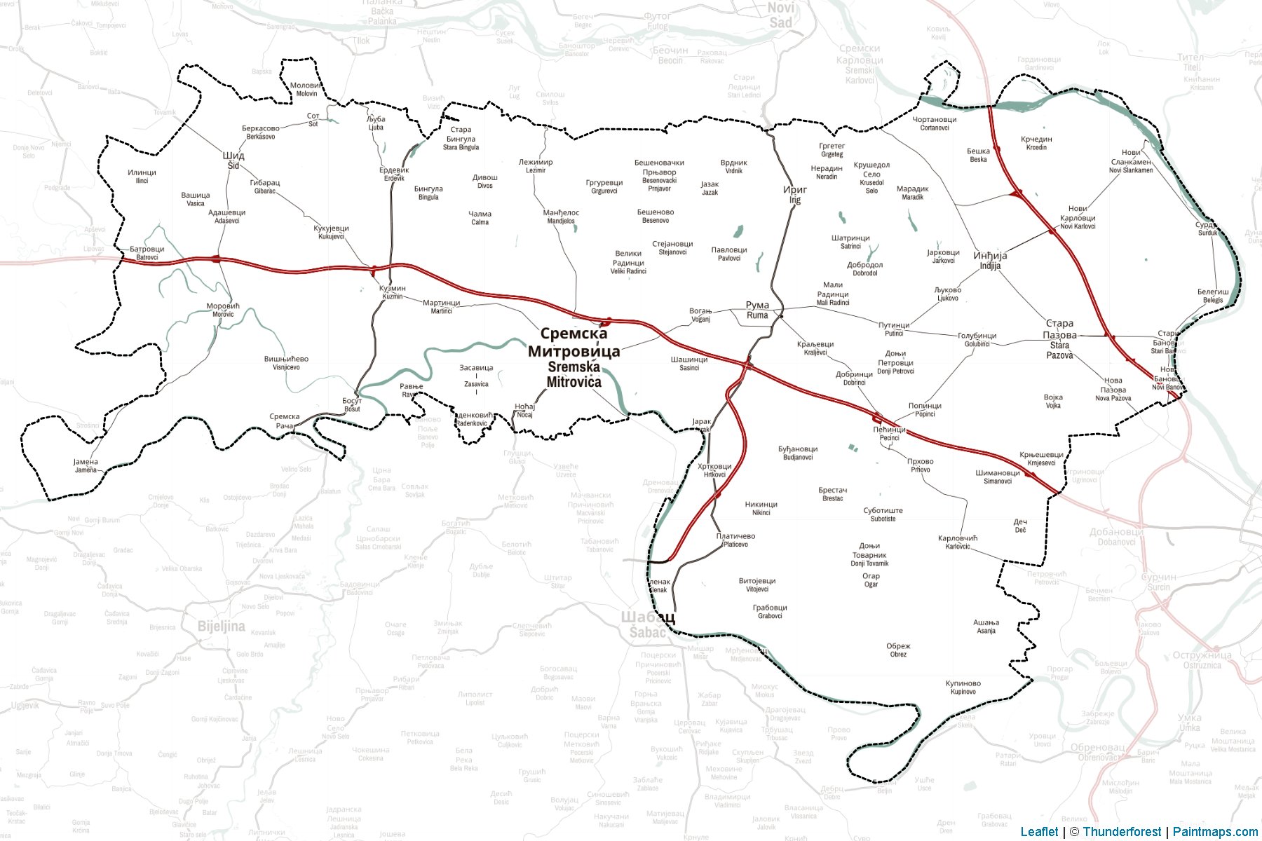 Muestras de recorte de mapas Sremski upravni okrug (Vojvodina)-2