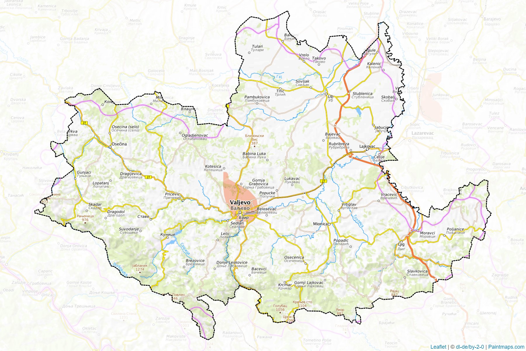 Muestras de recorte de mapas Kolubarski upravni okrug (Central Serbia)-1