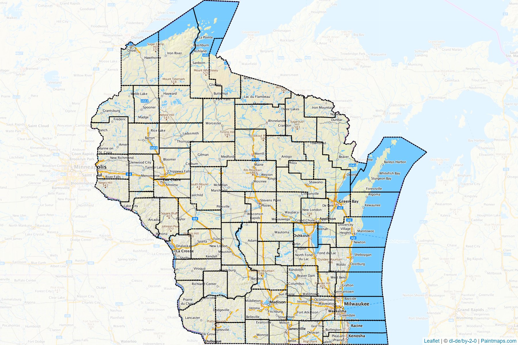 Muestras de recorte de mapas Wisconsin (Estados Unidos de America)-1