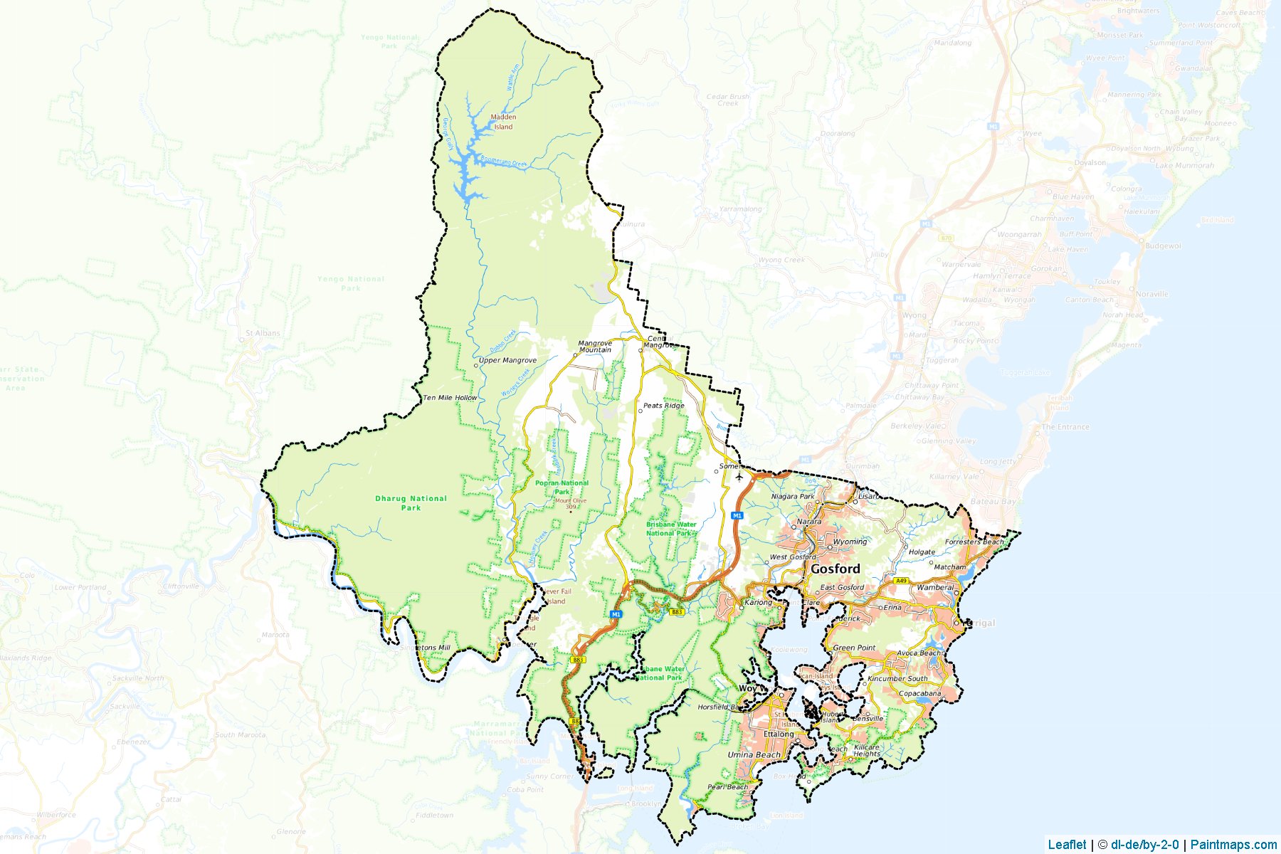 Sample maps of Gosford generated with map cropping (masking) tool.