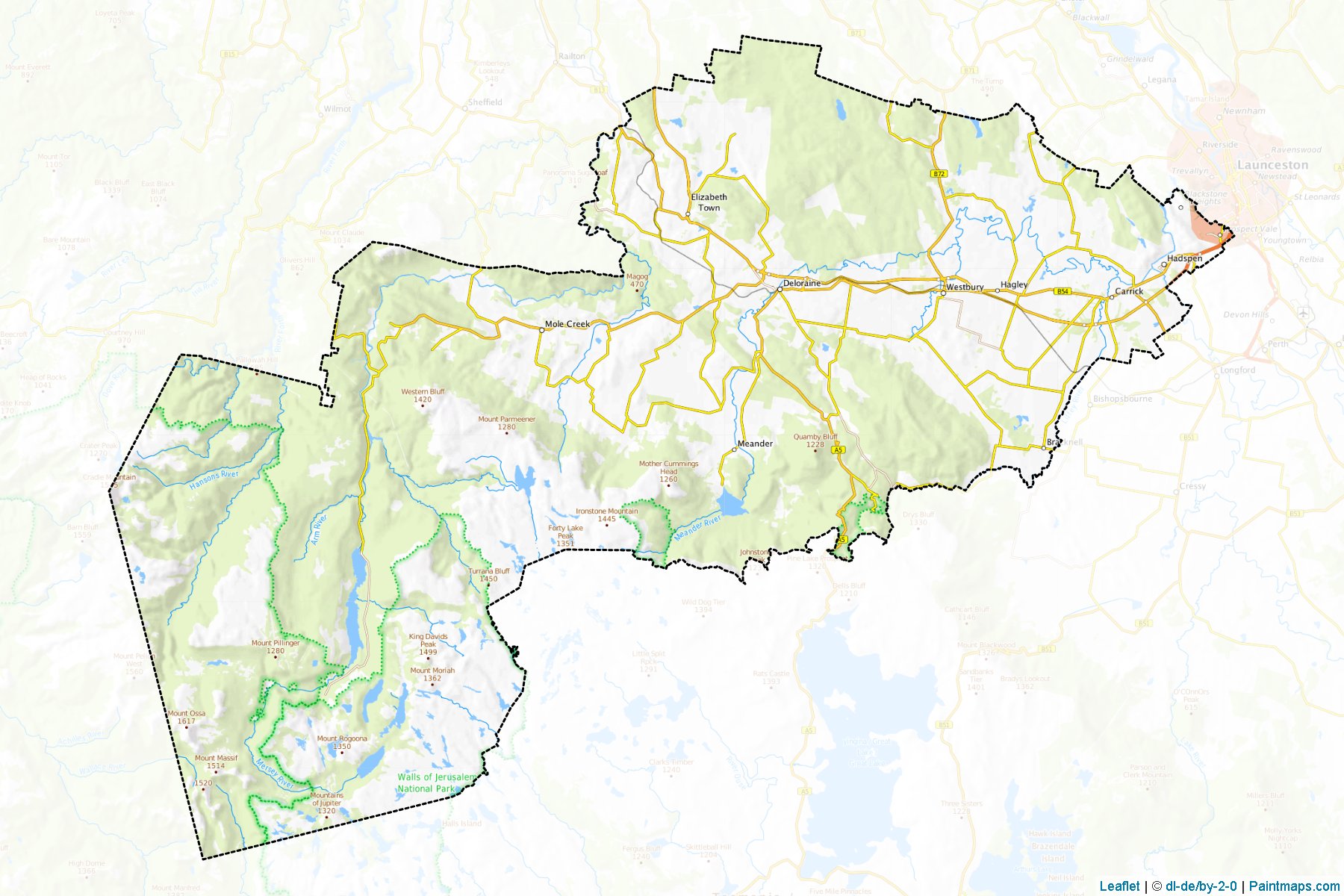 Muestras de recorte de mapas Meander Valley (Tasmania)-1