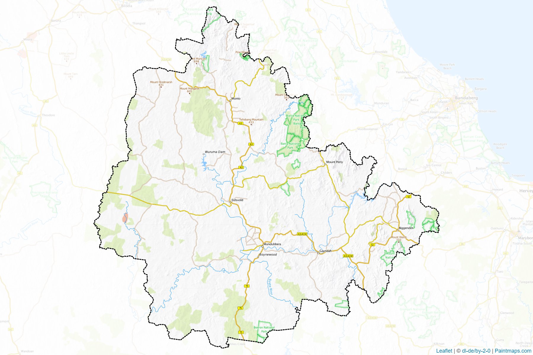 Sample maps of North Burnett generated with map cropping (masking) tool.