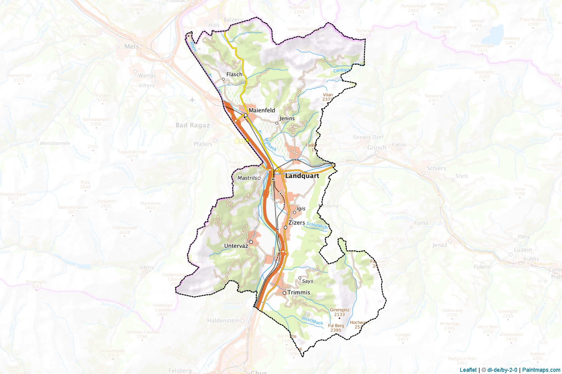 Muestras de recorte de mapas Landquart (Graubunden)-1