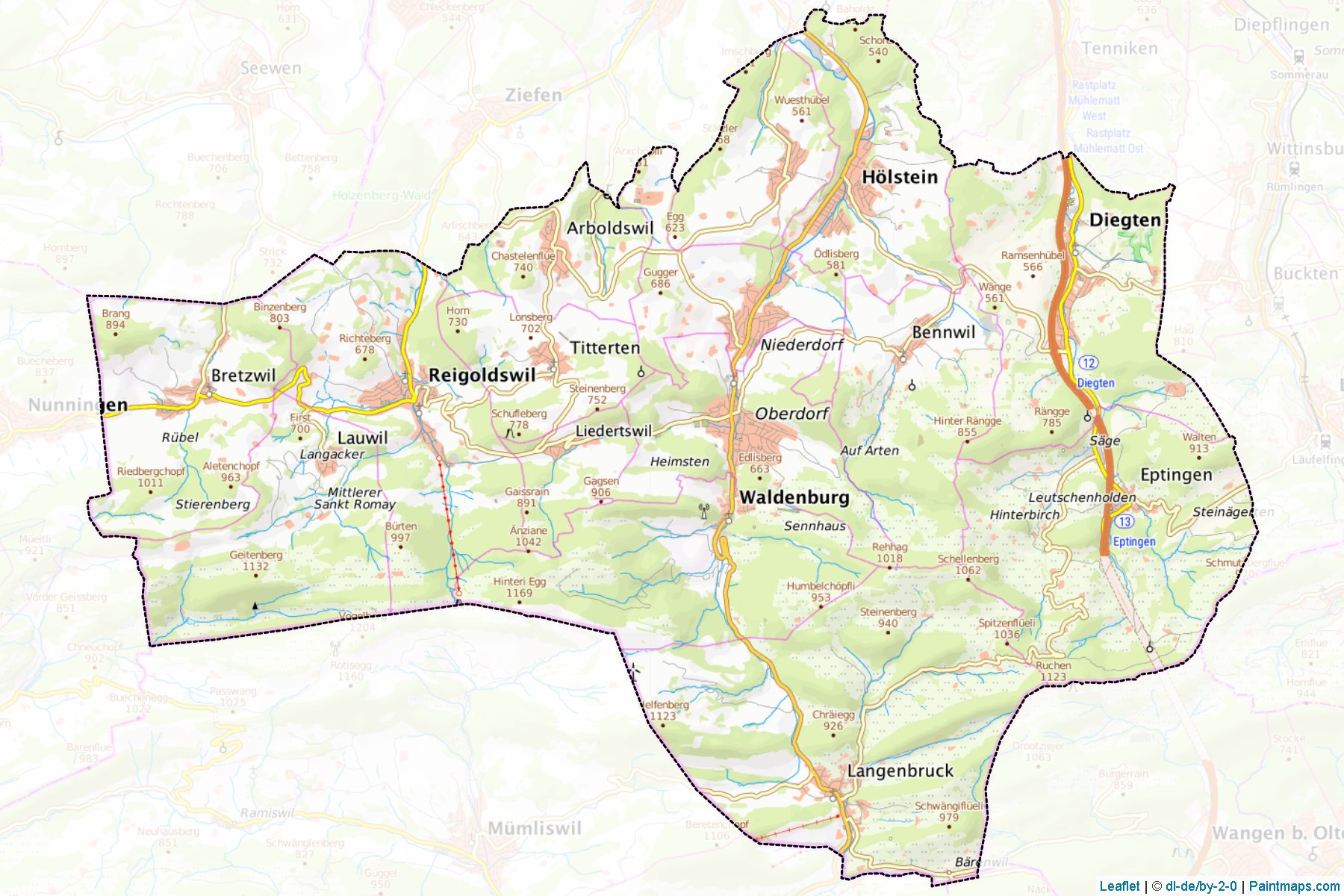 Muestras de recorte de mapas Waldenburg (Basel-Country)-1