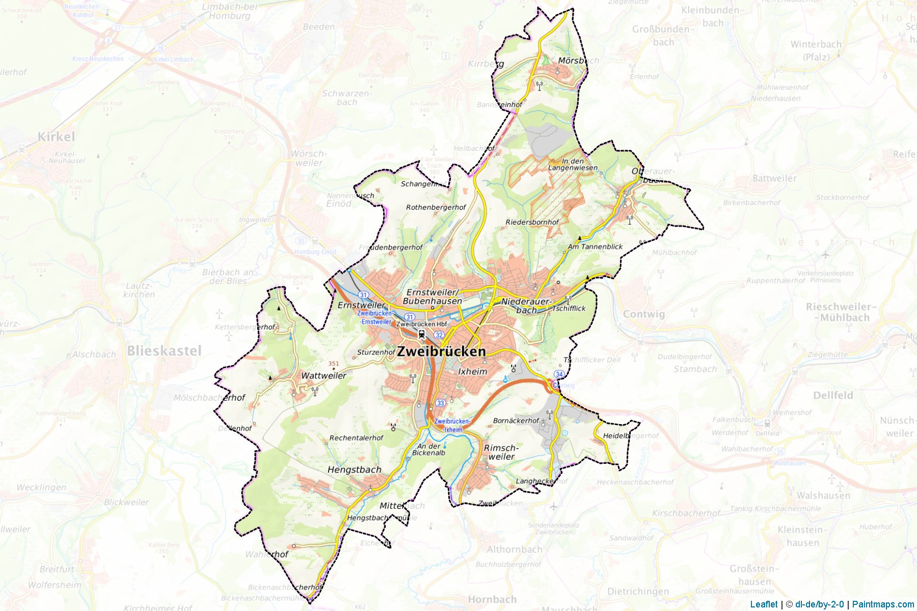 Muestras de recorte de mapas Zweibrücken (Rhineland-Palatinate)-1