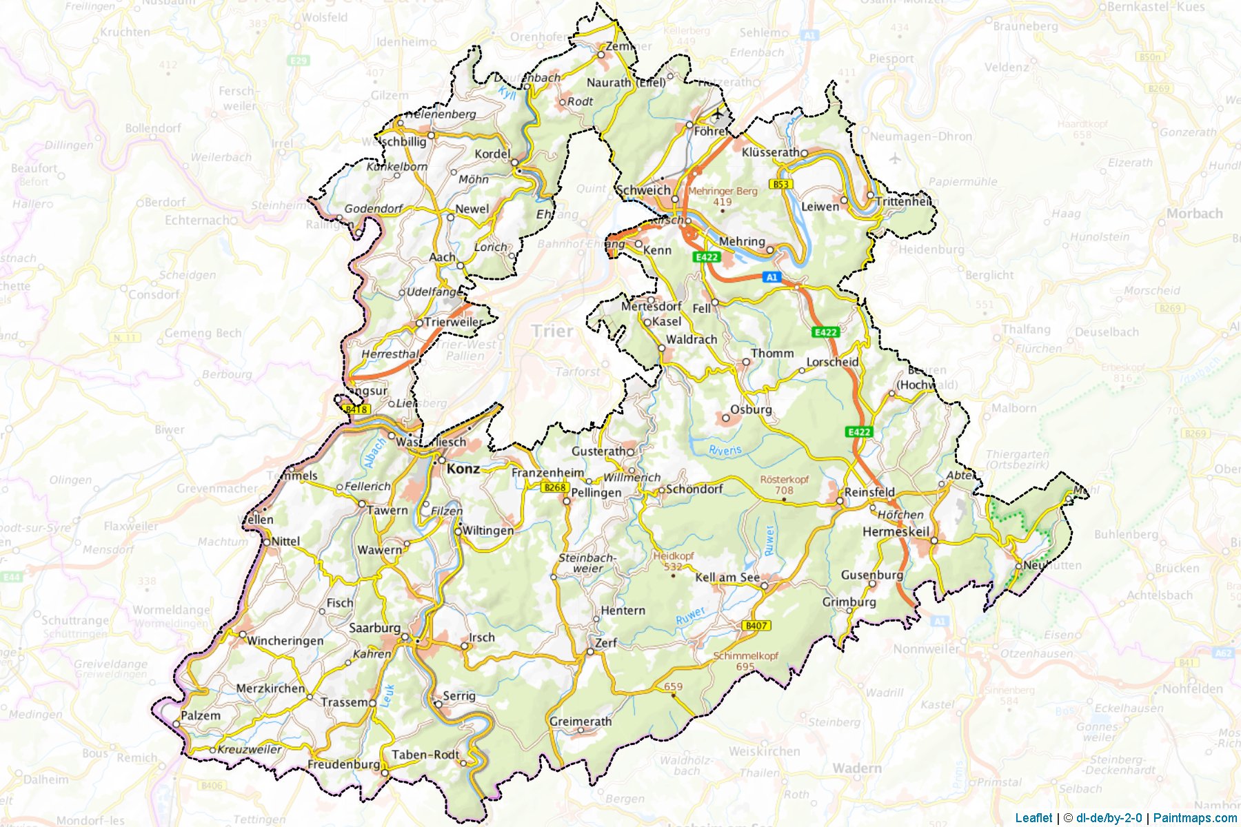 Muestras de recorte de mapas Trier-Saarburg (Rhineland-Palatinate)-1