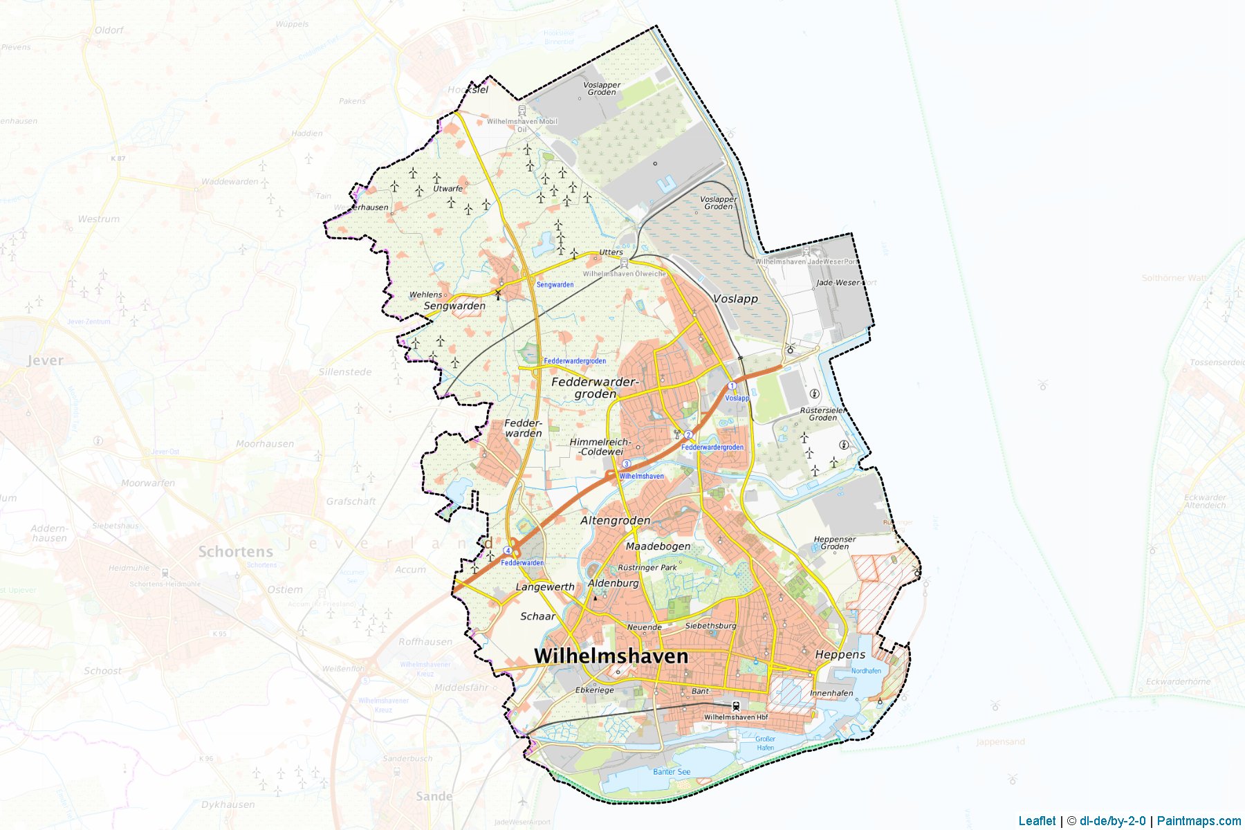 Sample maps of Wilhelmshaven generated with map cropping (masking) tool.