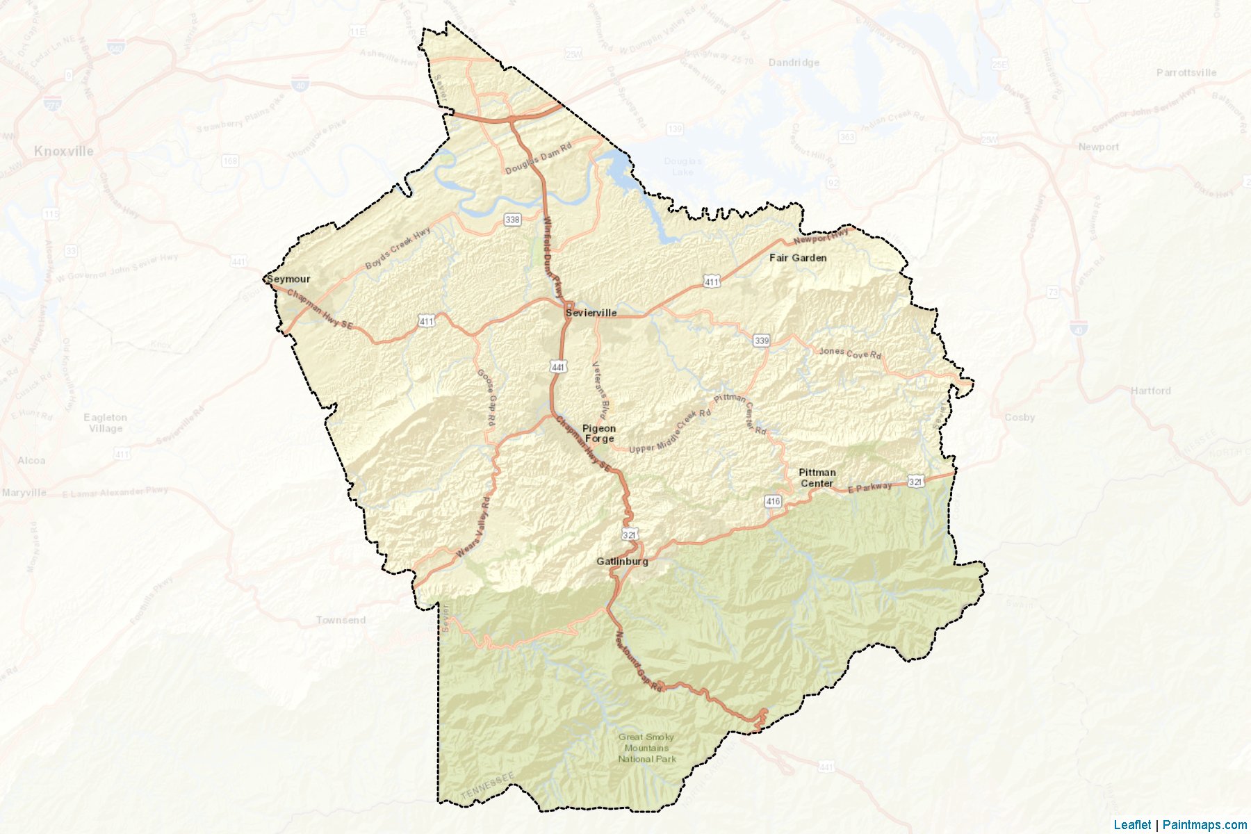 Muestras de recorte de mapas Sevier (Tennessee)-2