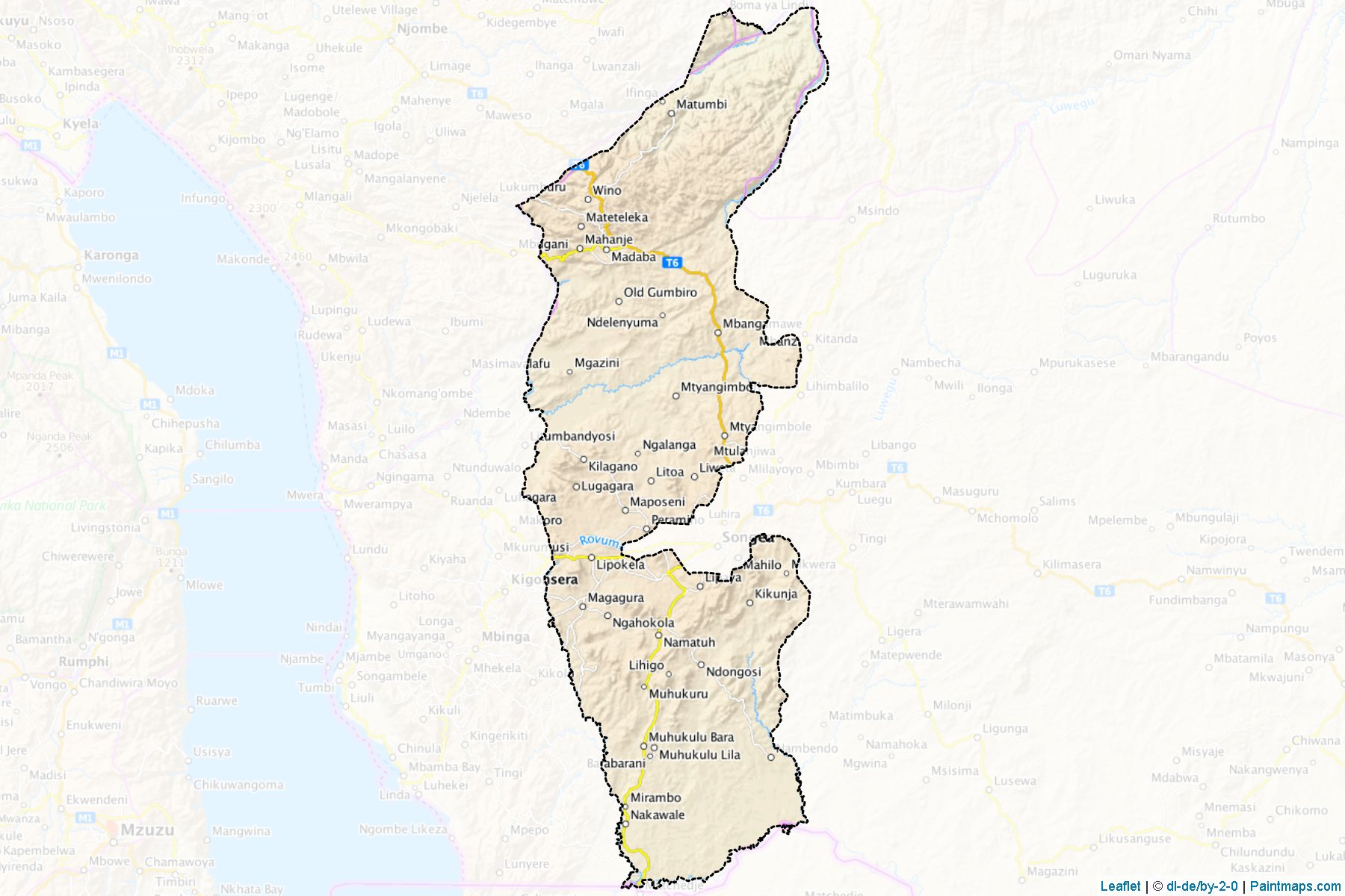 Sample maps of Songea Rural generated with map cropping (masking) tool.