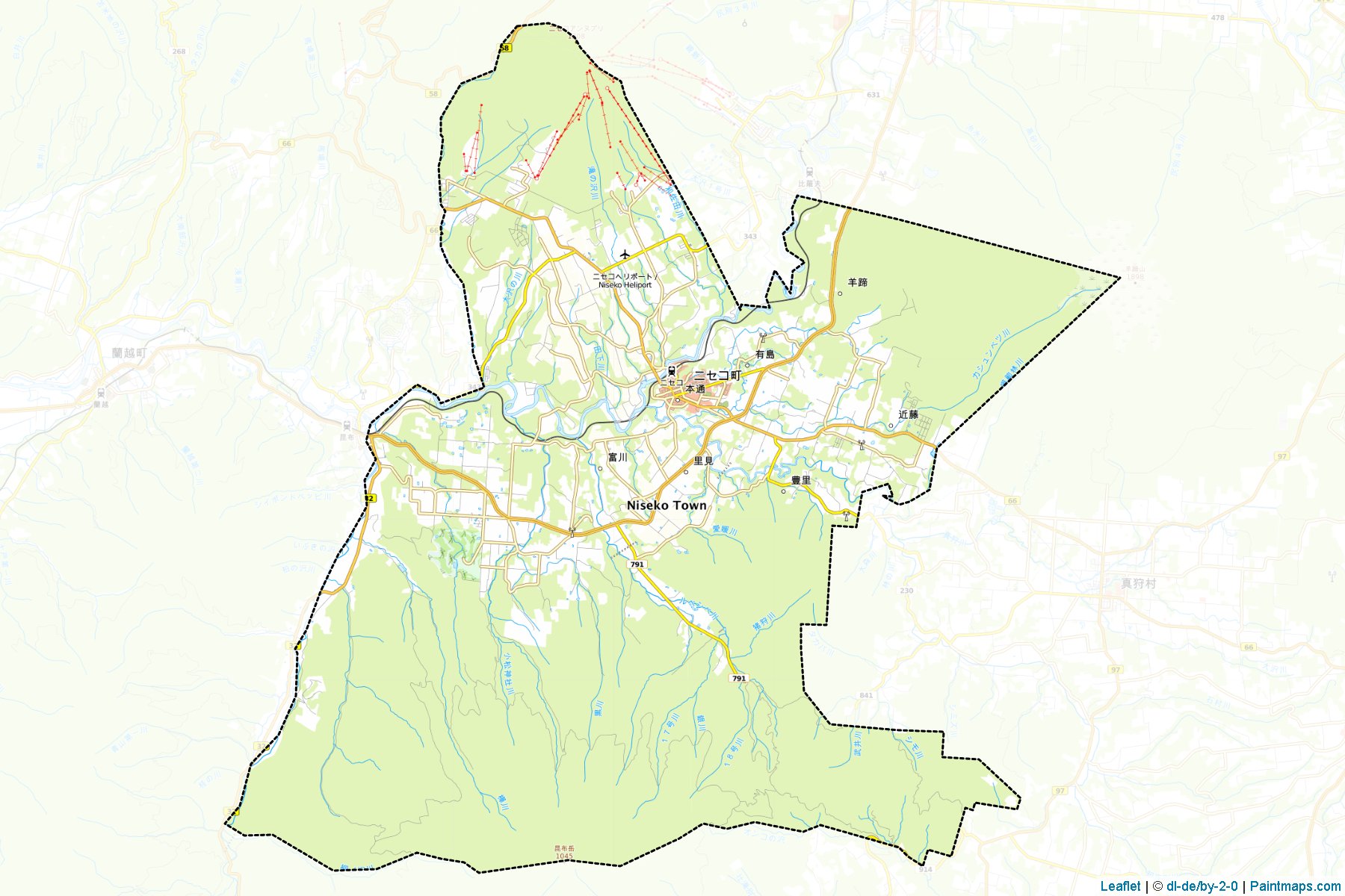 Sample maps of Niseko generated with map cropping (masking) tool.