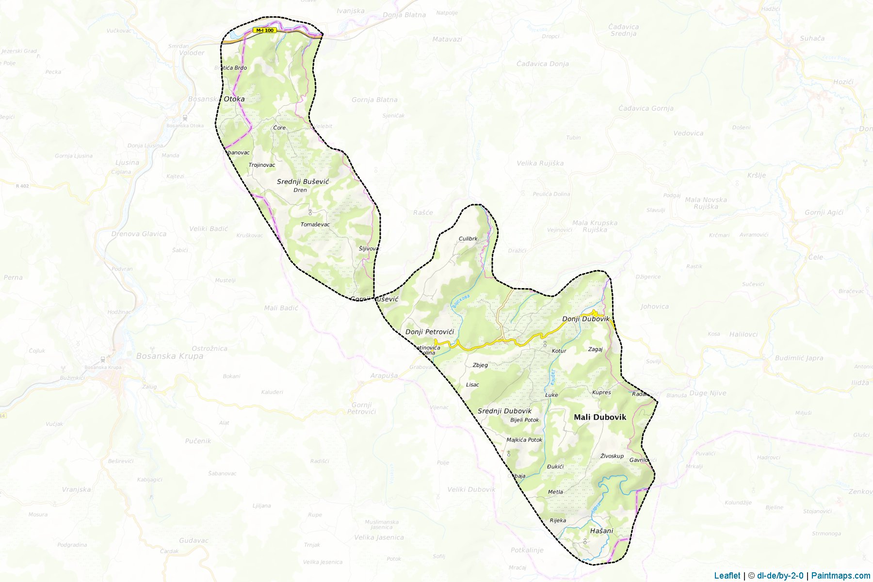 Muestras de recorte de mapas Bosanska Krupa / Krupa Na Uni (Republic of Srpska)-1