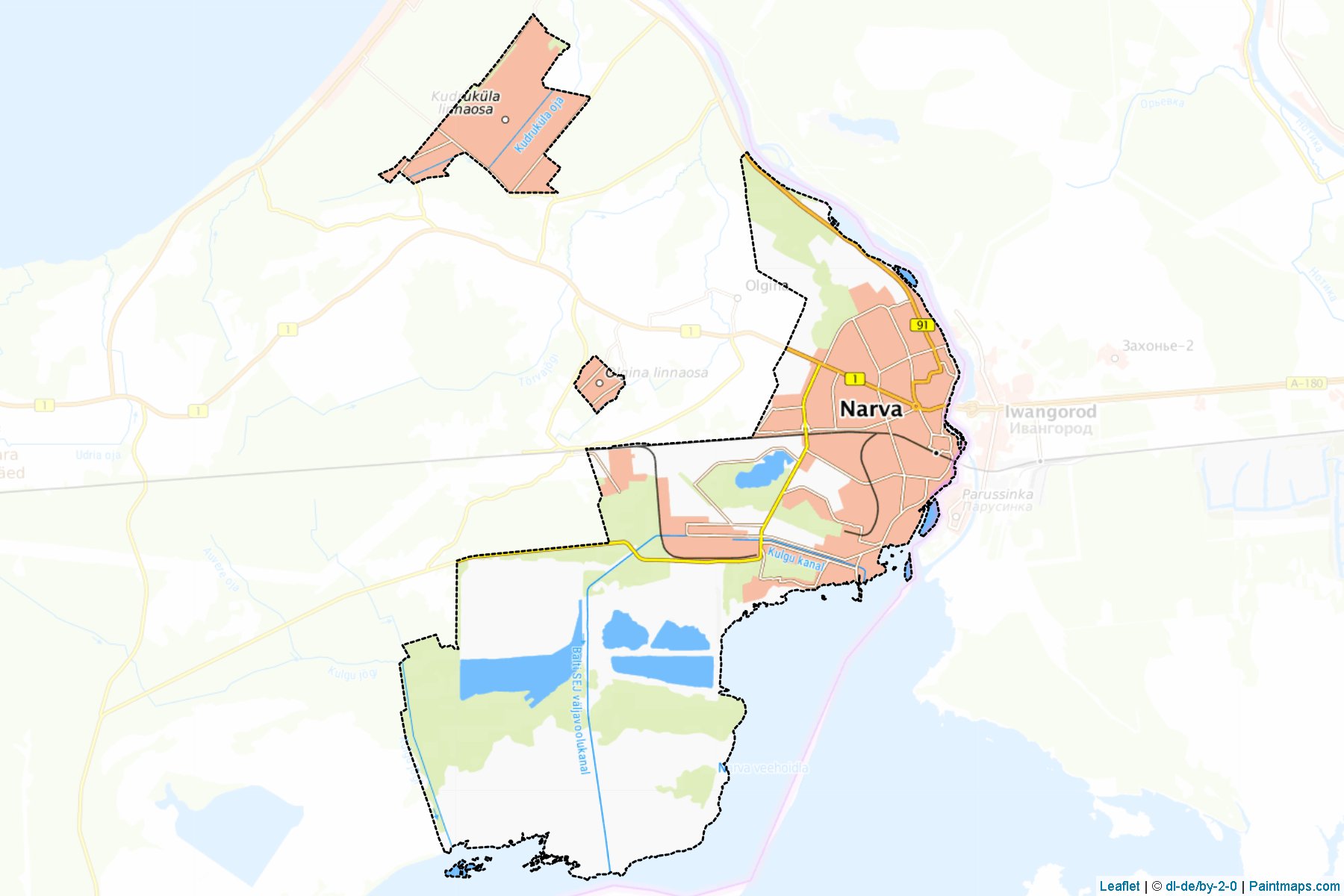 Sample maps of Narva generated with map cropping (masking) tool.