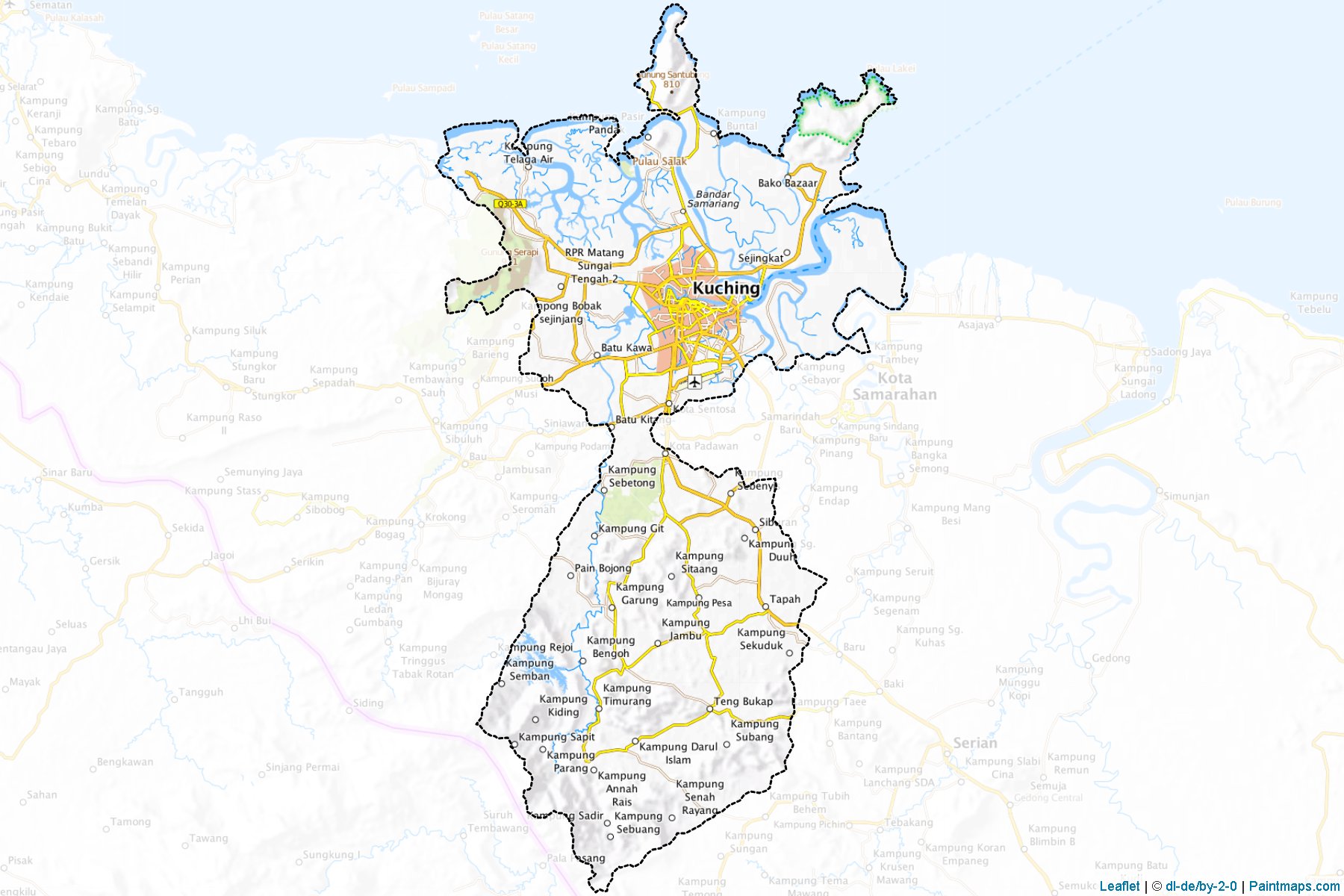 Sample maps of Kuching generated with map cropping (masking) tool.