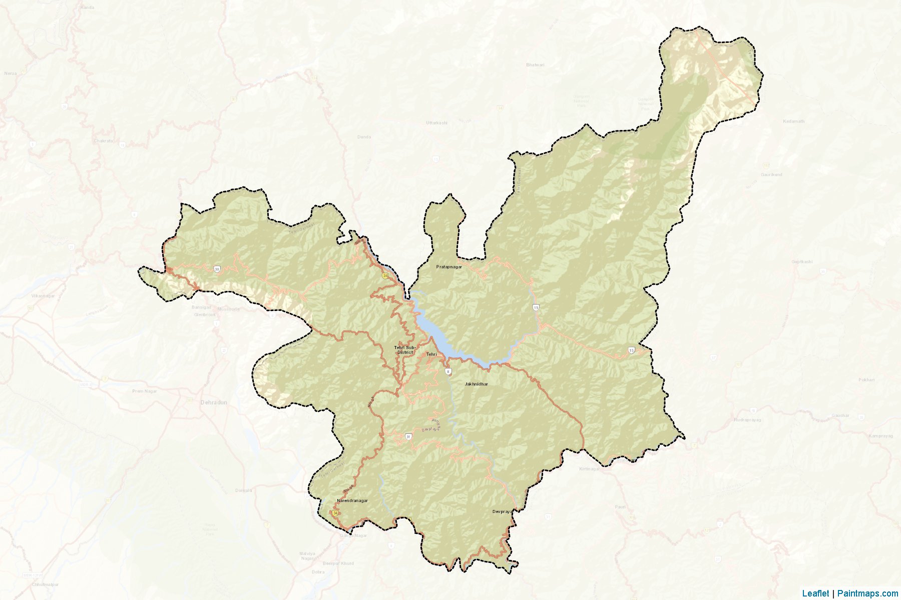 Muestras de recorte de mapas Tehri Garhwal (Uttarakhand)-2