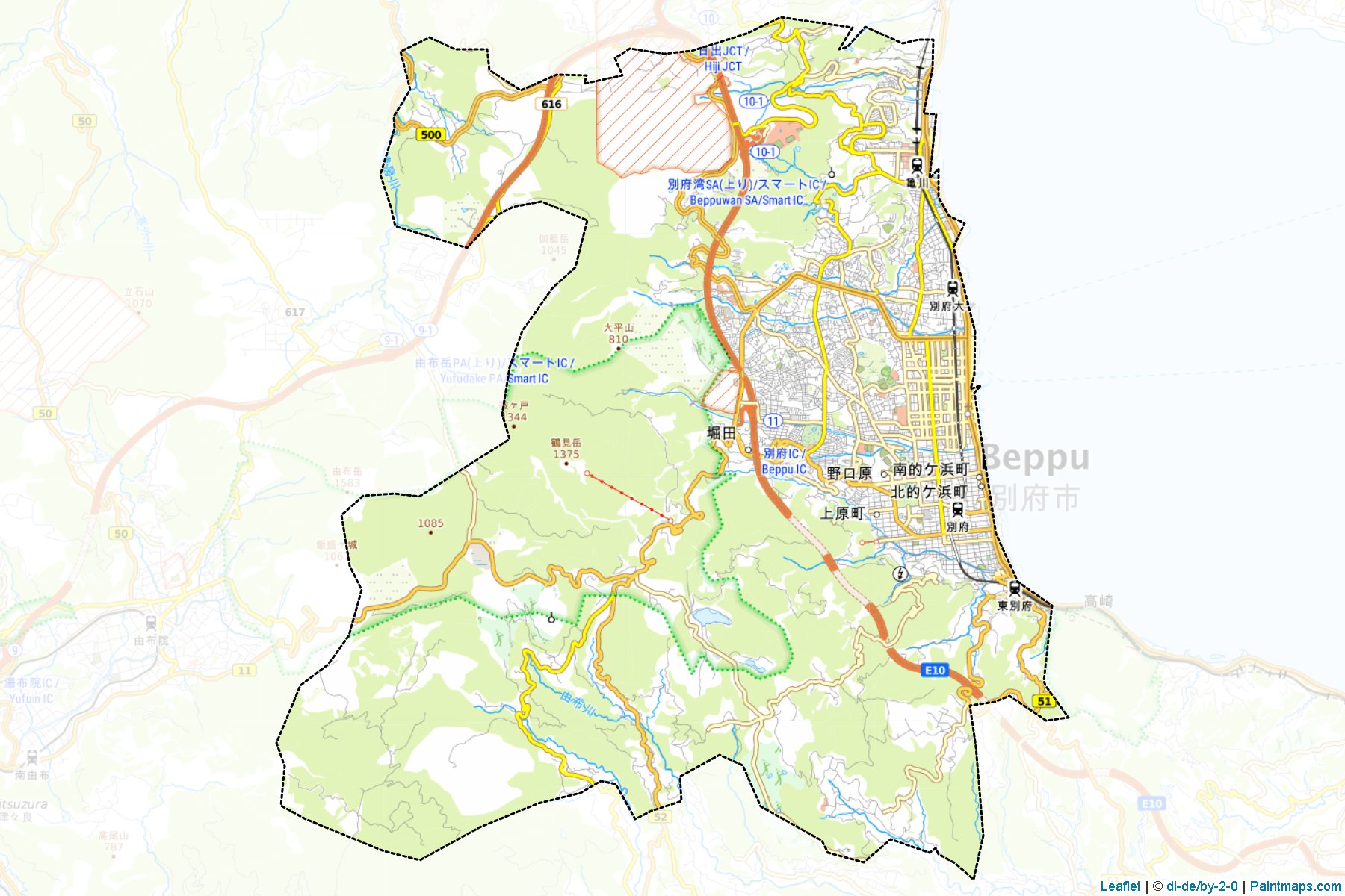 Sample maps of Beppu generated with map cropping (masking) tool.