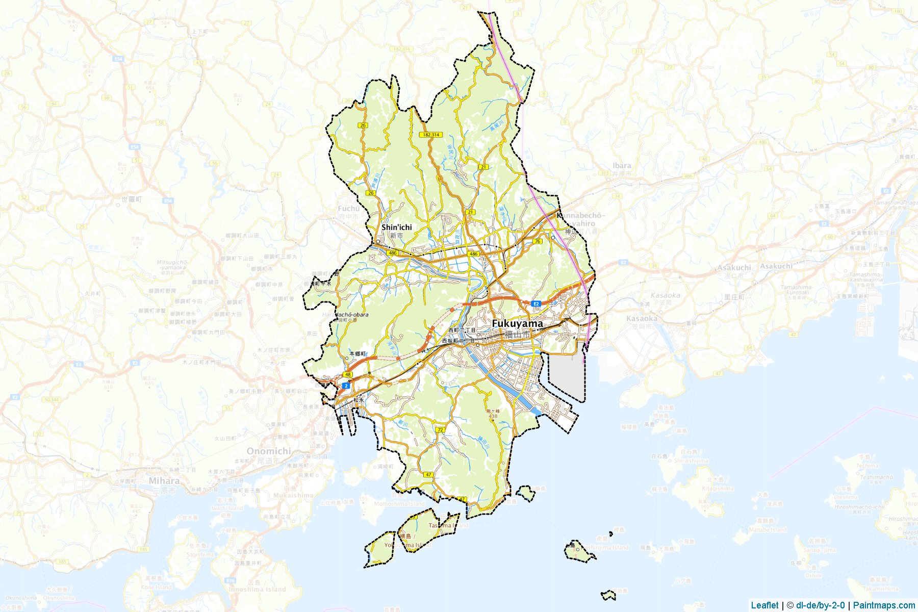 Sample maps of Fukuyama generated with map cropping (masking) tool.