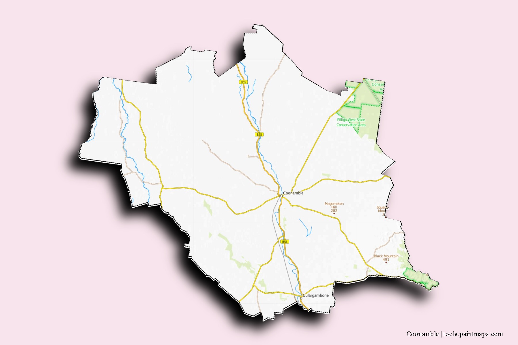 Mapa de barrios y pueblos de Coonamble con efecto de sombra 3D