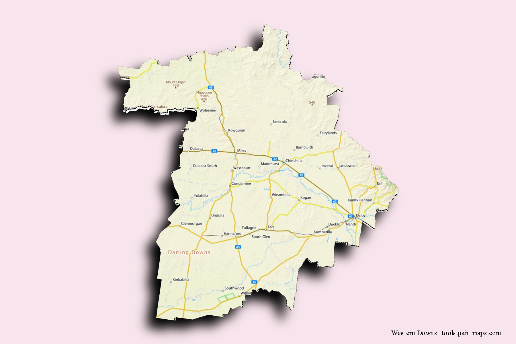 Mapa de barrios y pueblos de Western Downs con efecto de sombra 3D