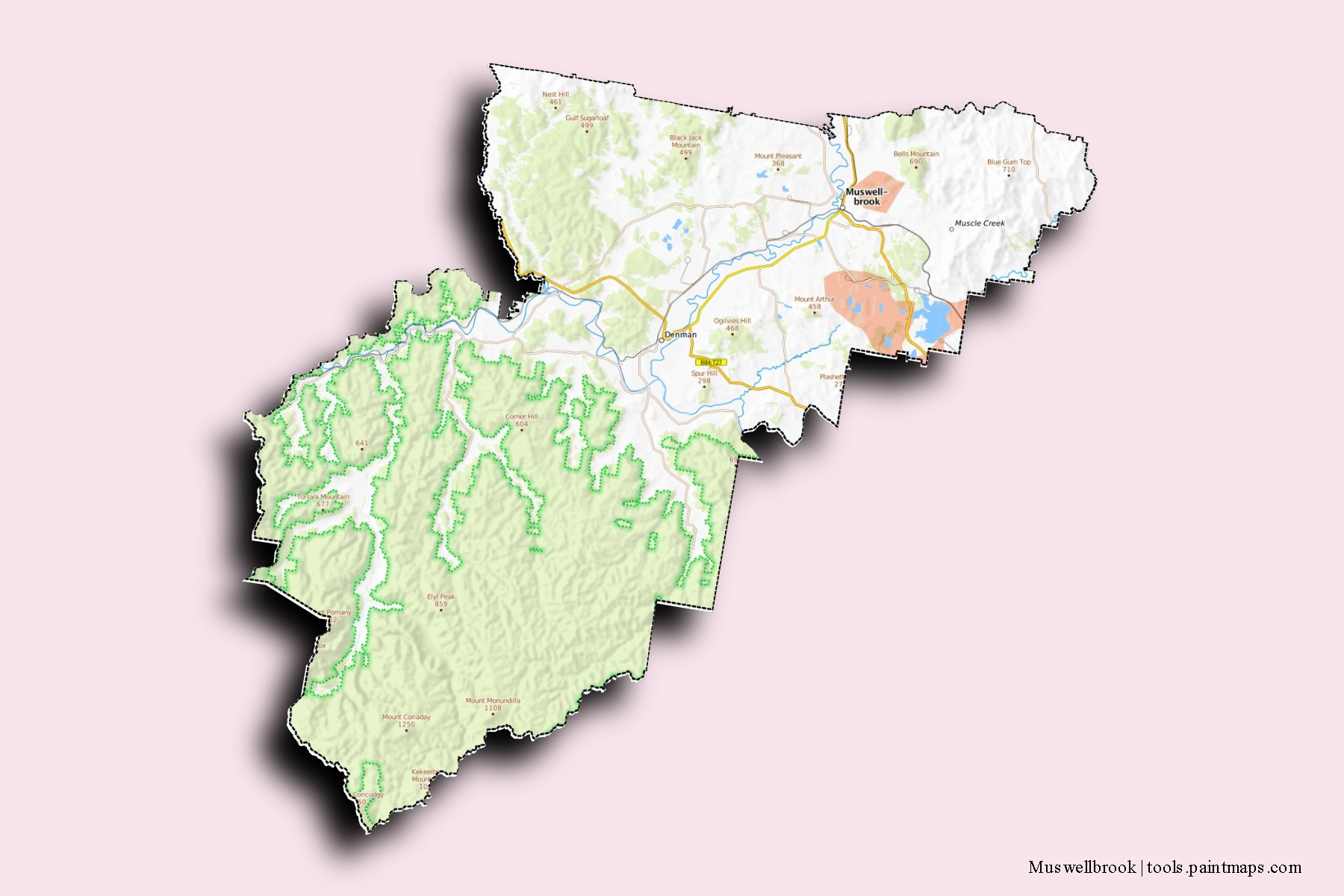 Muswellbrook neighborhoods and villages map with 3D shadow effect