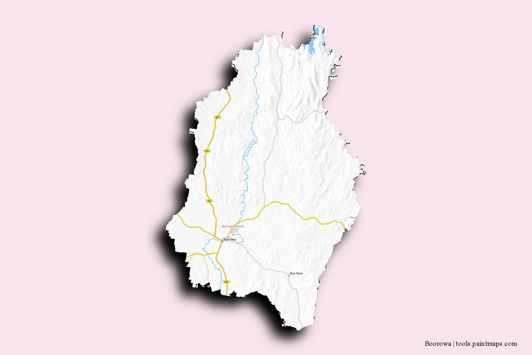 Mapa de barrios y pueblos de Boorowa con efecto de sombra 3D