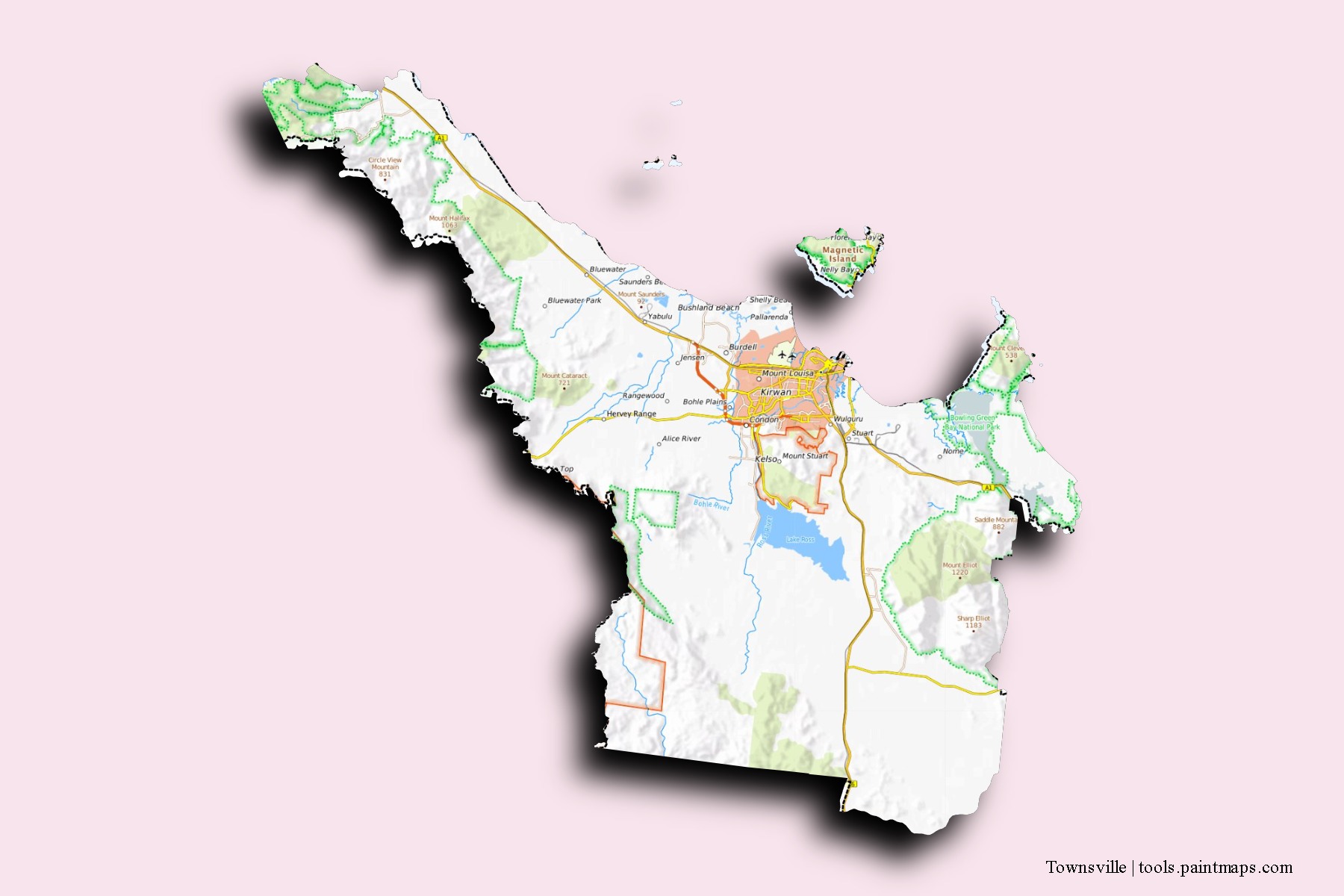 Mapa de barrios y pueblos de Townsville con efecto de sombra 3D