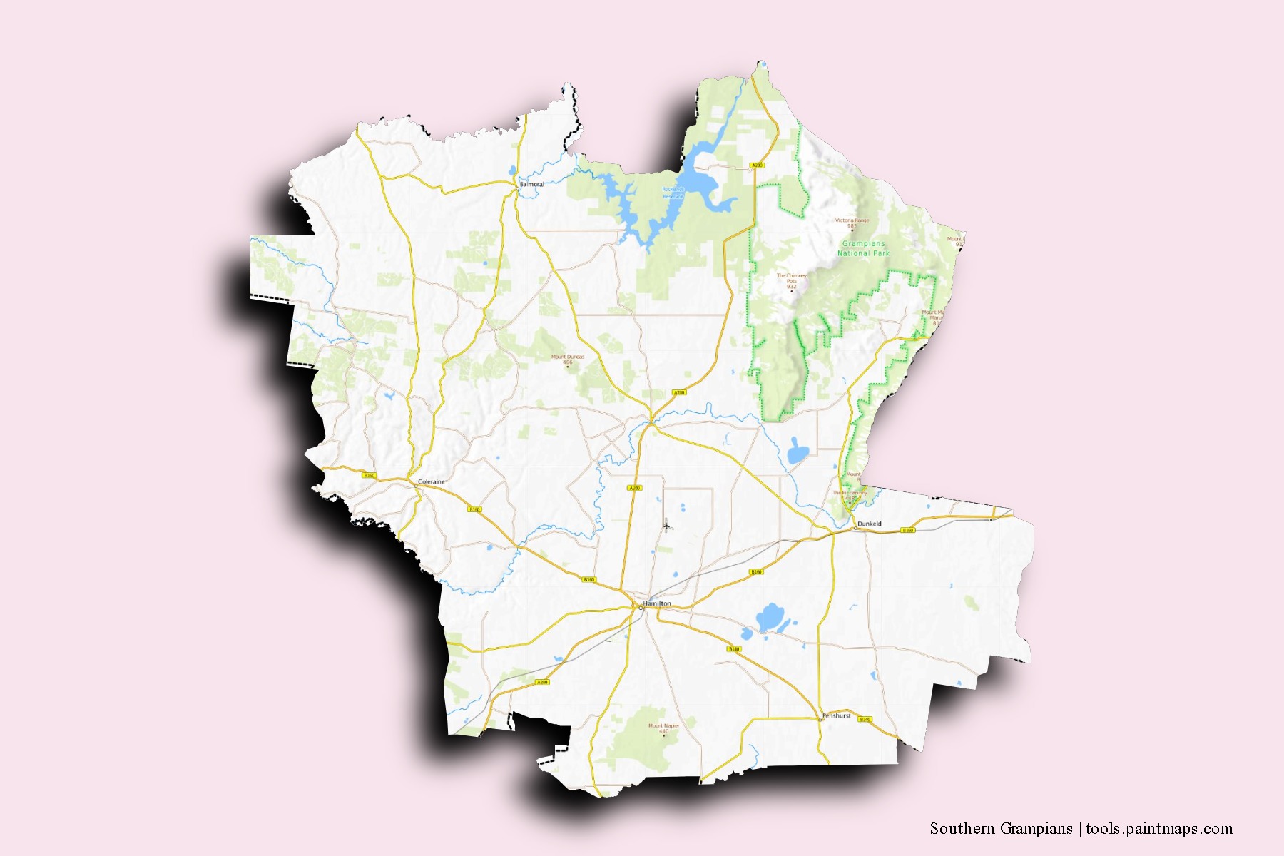 Southern Grampians neighborhoods and villages map with 3D shadow effect