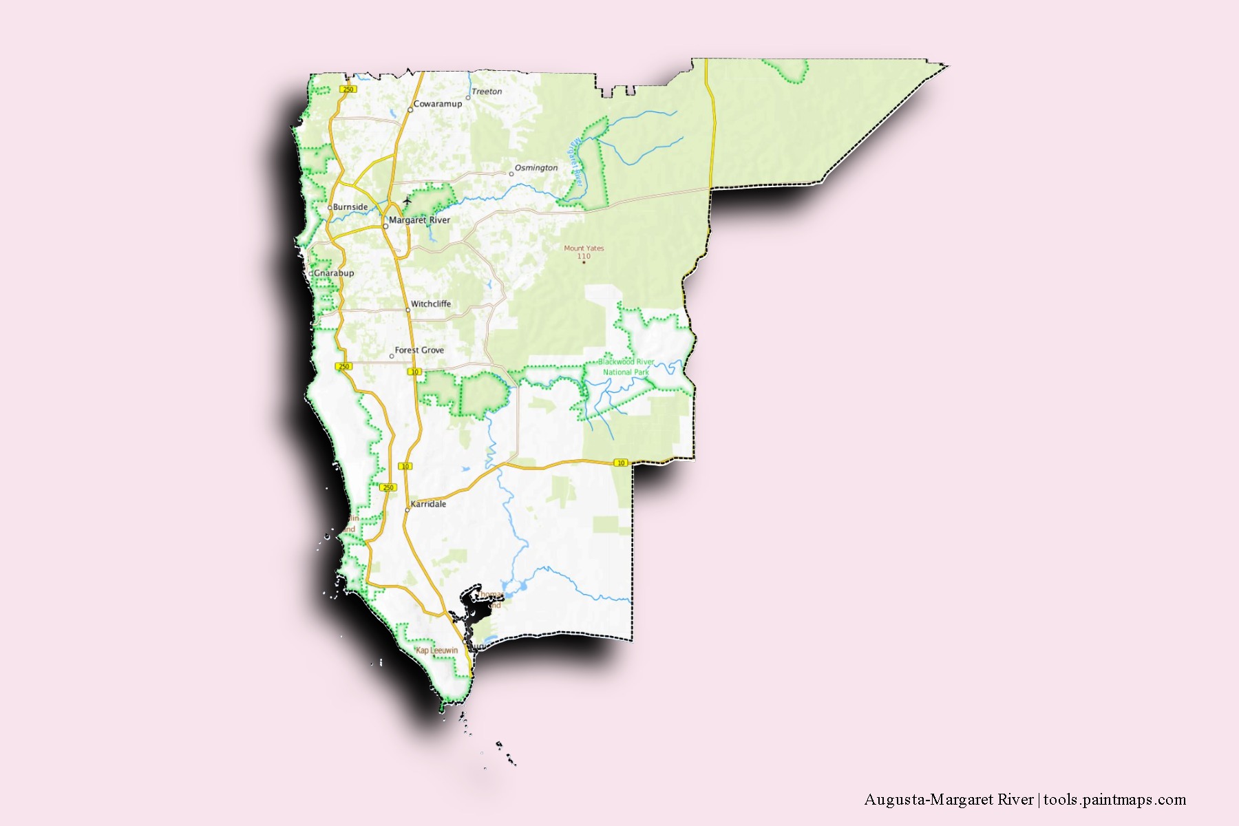 Augusta-Margaret River neighborhoods and villages map with 3D shadow effect