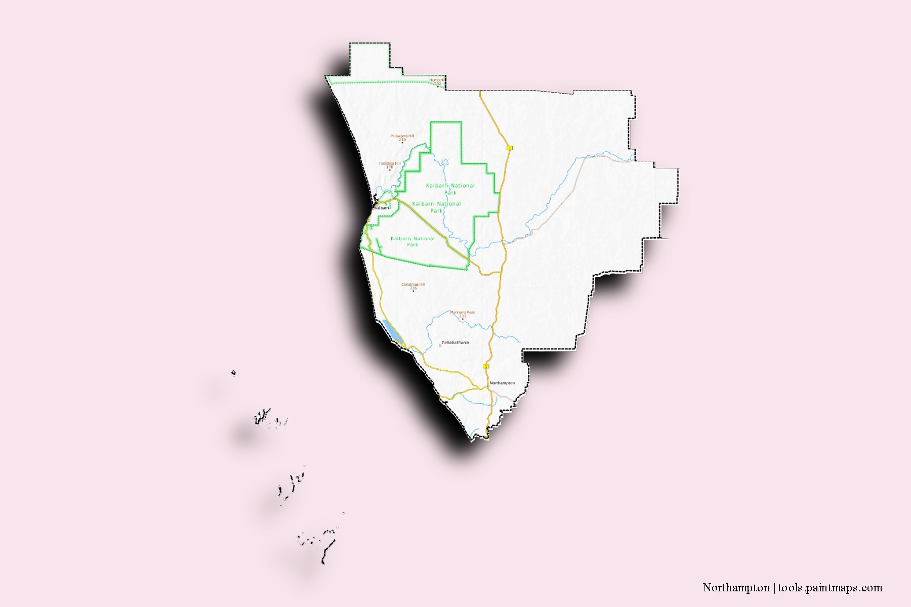 Mapa de barrios y pueblos de Northampton con efecto de sombra 3D