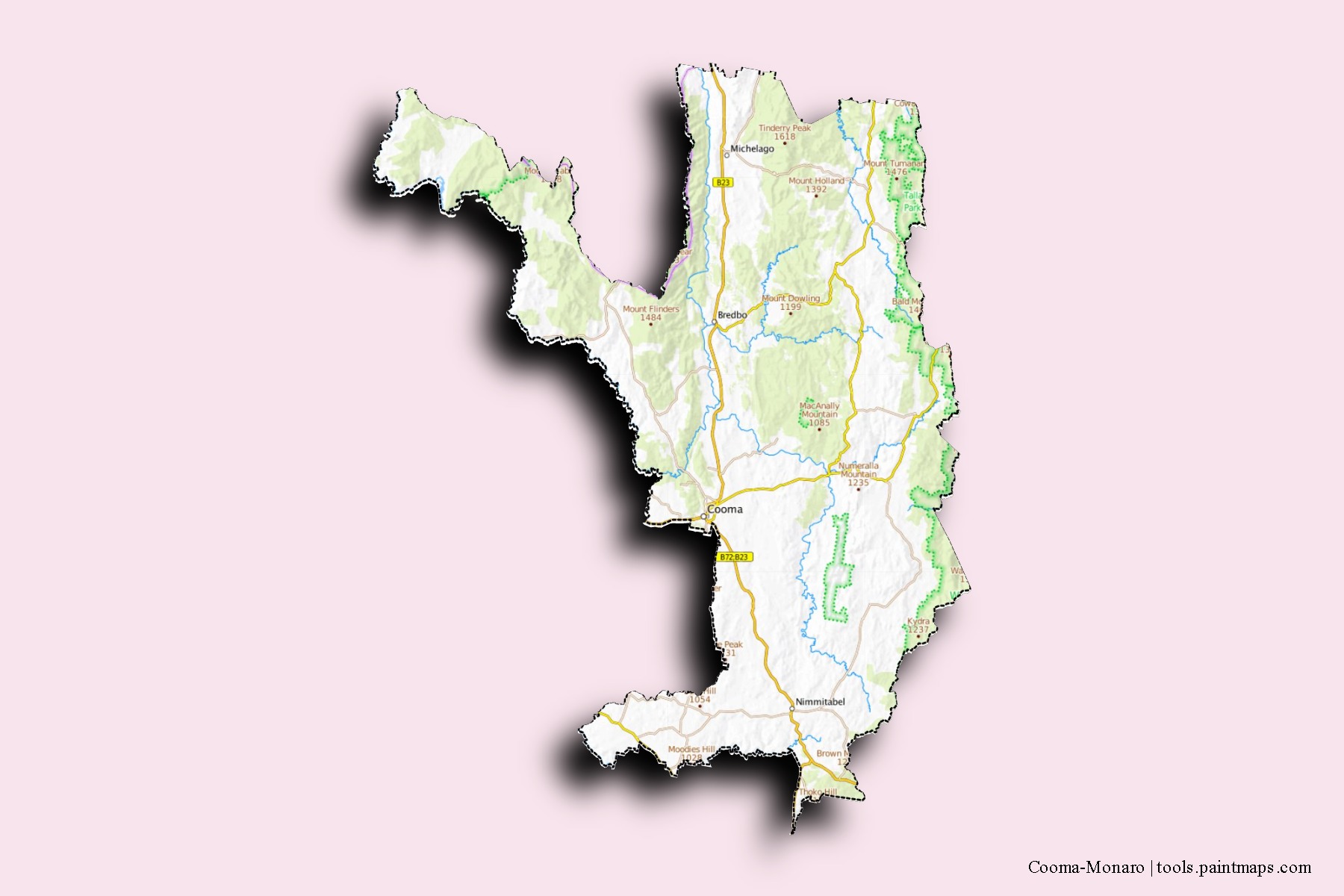 Cooma-Monaro neighborhoods and villages map with 3D shadow effect